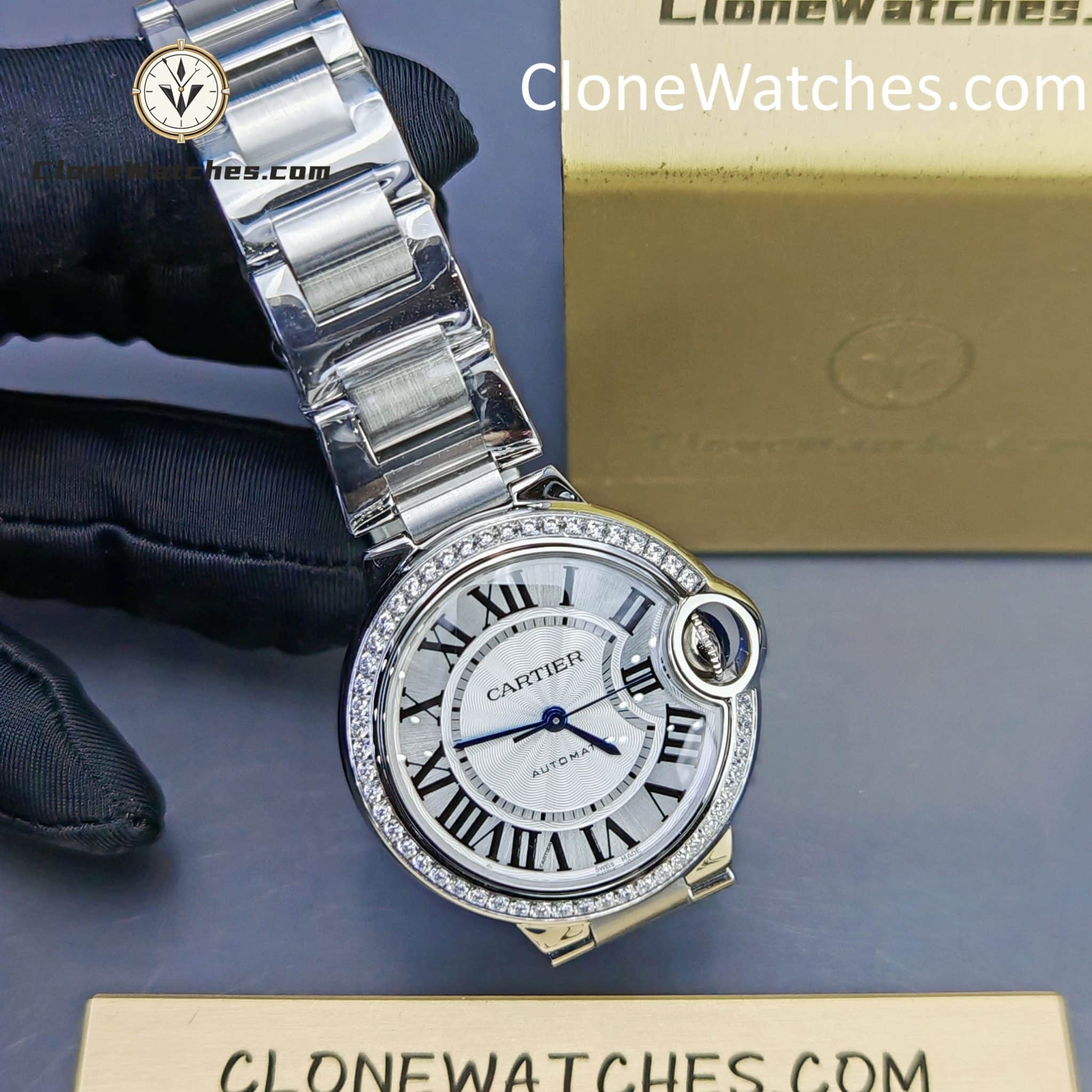 Cartier Super Clone Watches 1:1 Ballon Bleu de W4BB0024 Silver Dial Diamond Bezel 33mm
