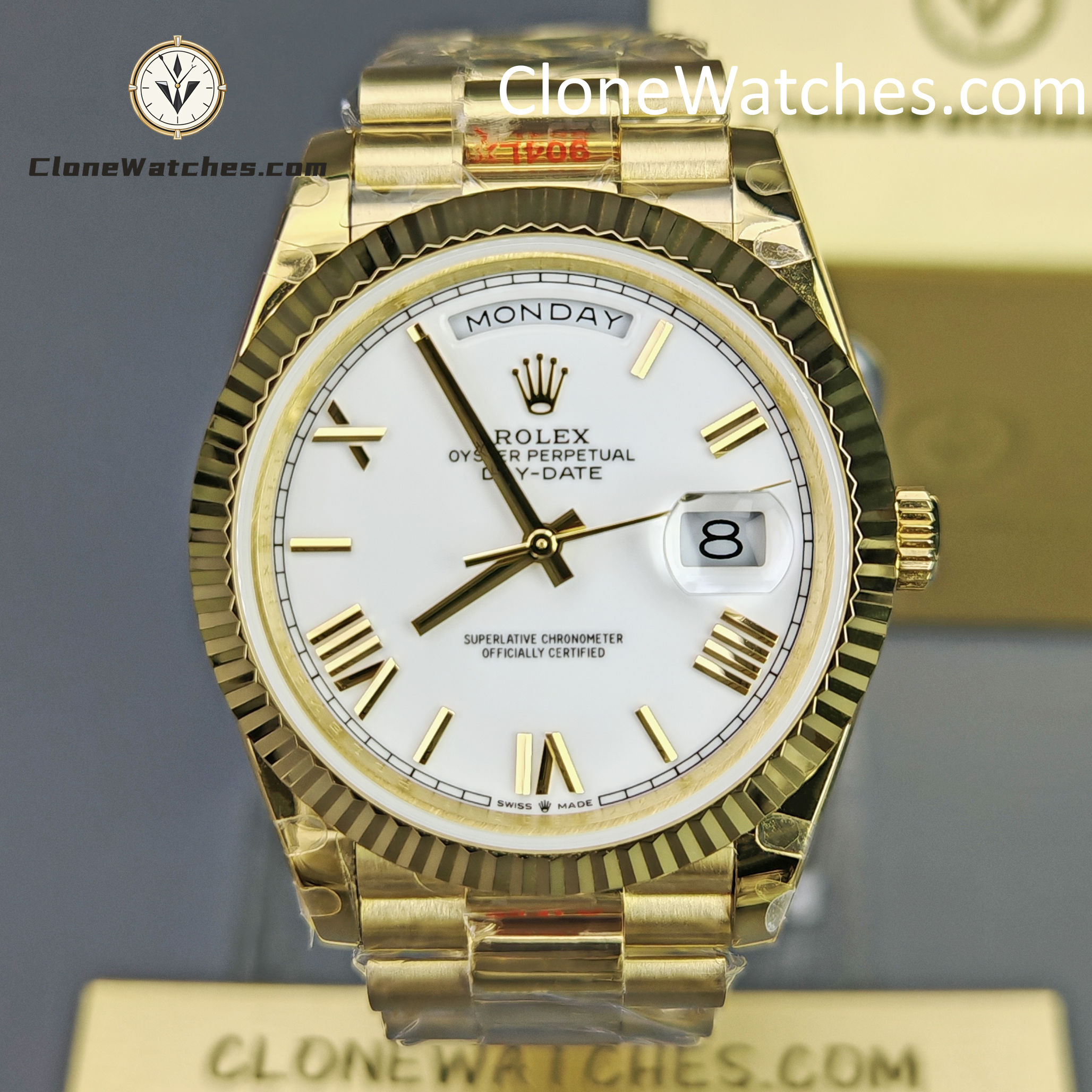 Rolex Super Clone Watches 1:1 Day Date 18K Gold White Dial 40mm m228238-0042 3255 Movement