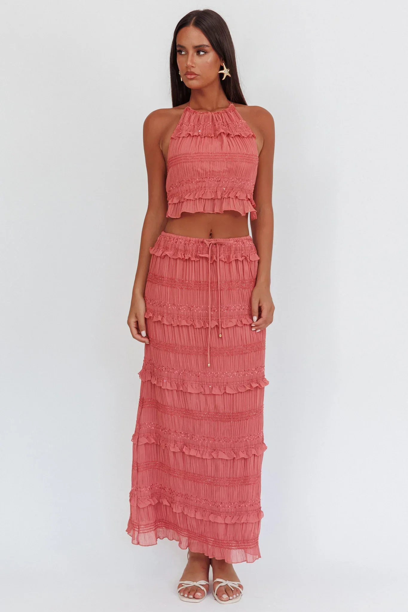 Helios Shirred Sequin Maxi Skirt Rose