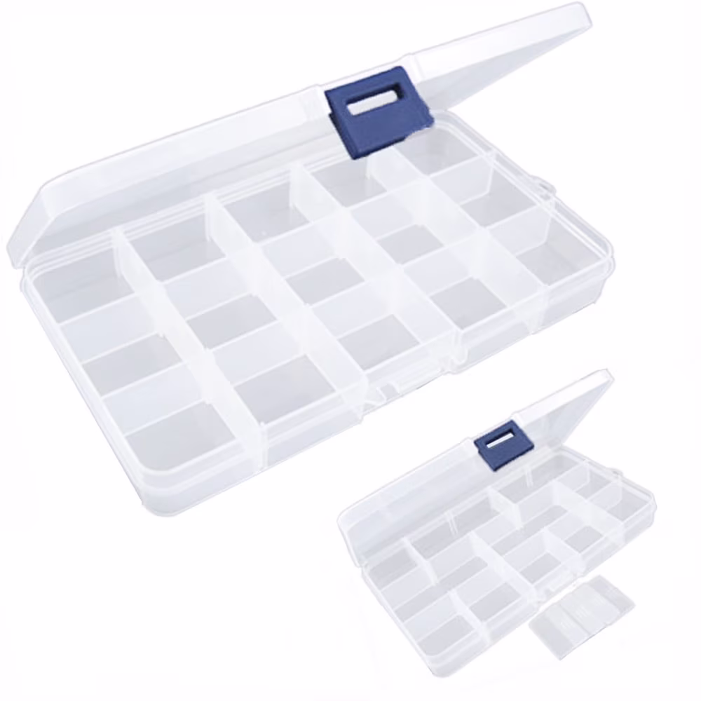 PLPPYFS Small Fishing Tackle Box Organizer with 15 Compartments, Clear Plastic Storage Tray with Adjustable Dividers, Portable Snackle Case for Hooks, Lures, and Beads