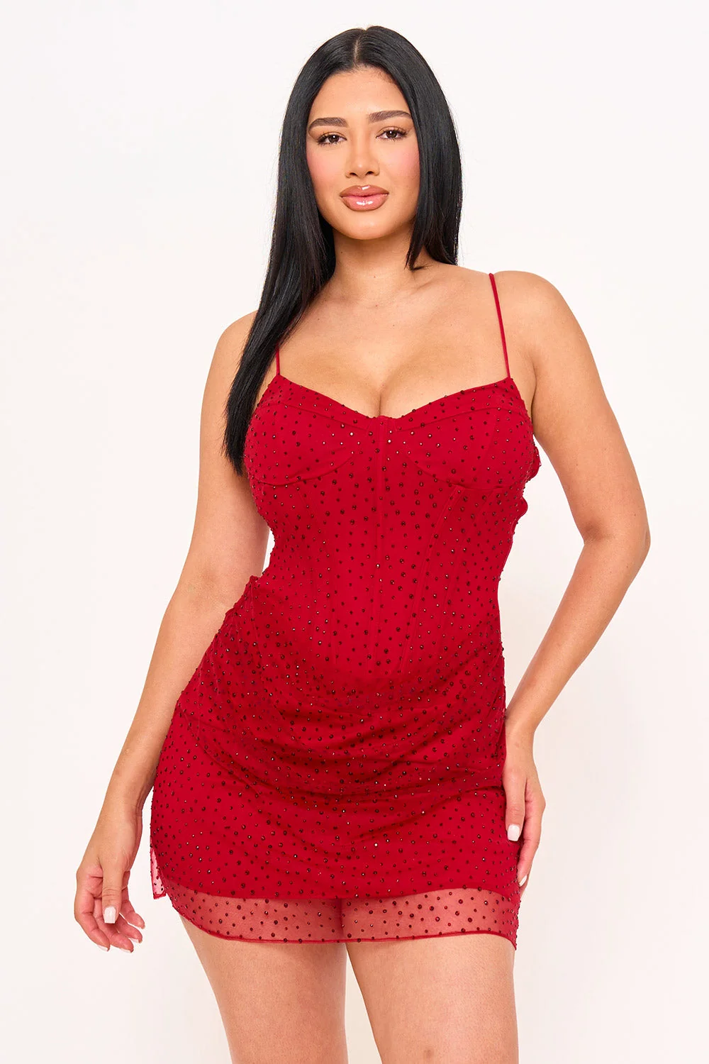 Symphony Dress - Rhinestone On Overlay Mesh Mini Dress