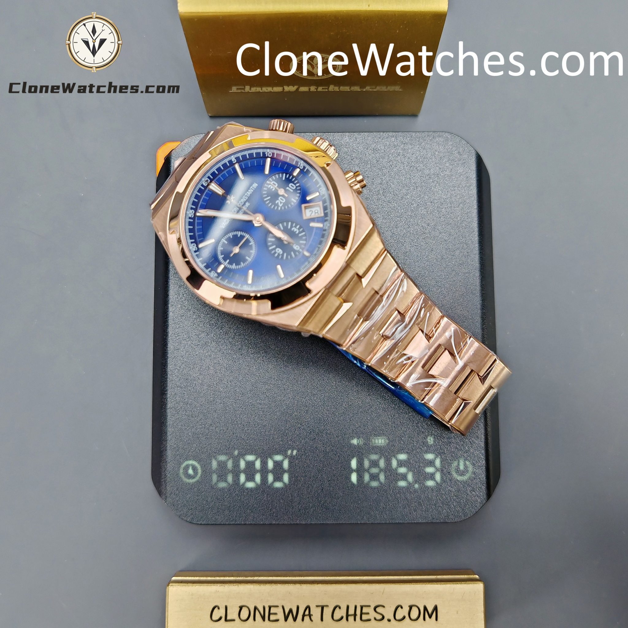 Vacheron Constantin Super Clone Watches 1:1 Overseas Chronograph Rose Gold 5500V/110R-B952 Blue Dial