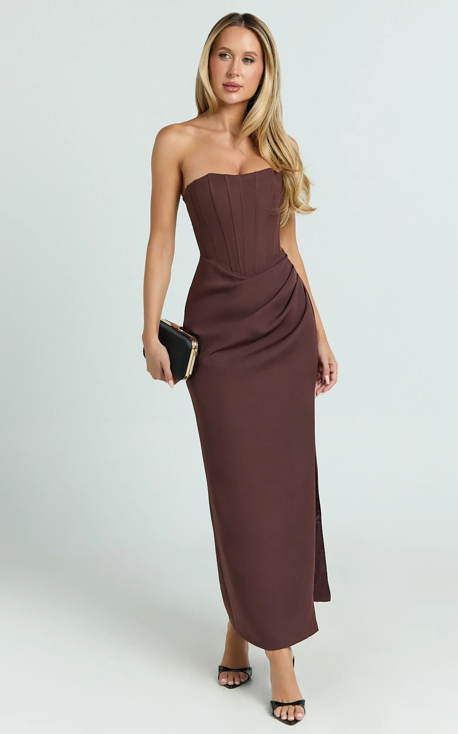 Avery Midi Dress - Strapless Draped Side Split Dress in Chocolate