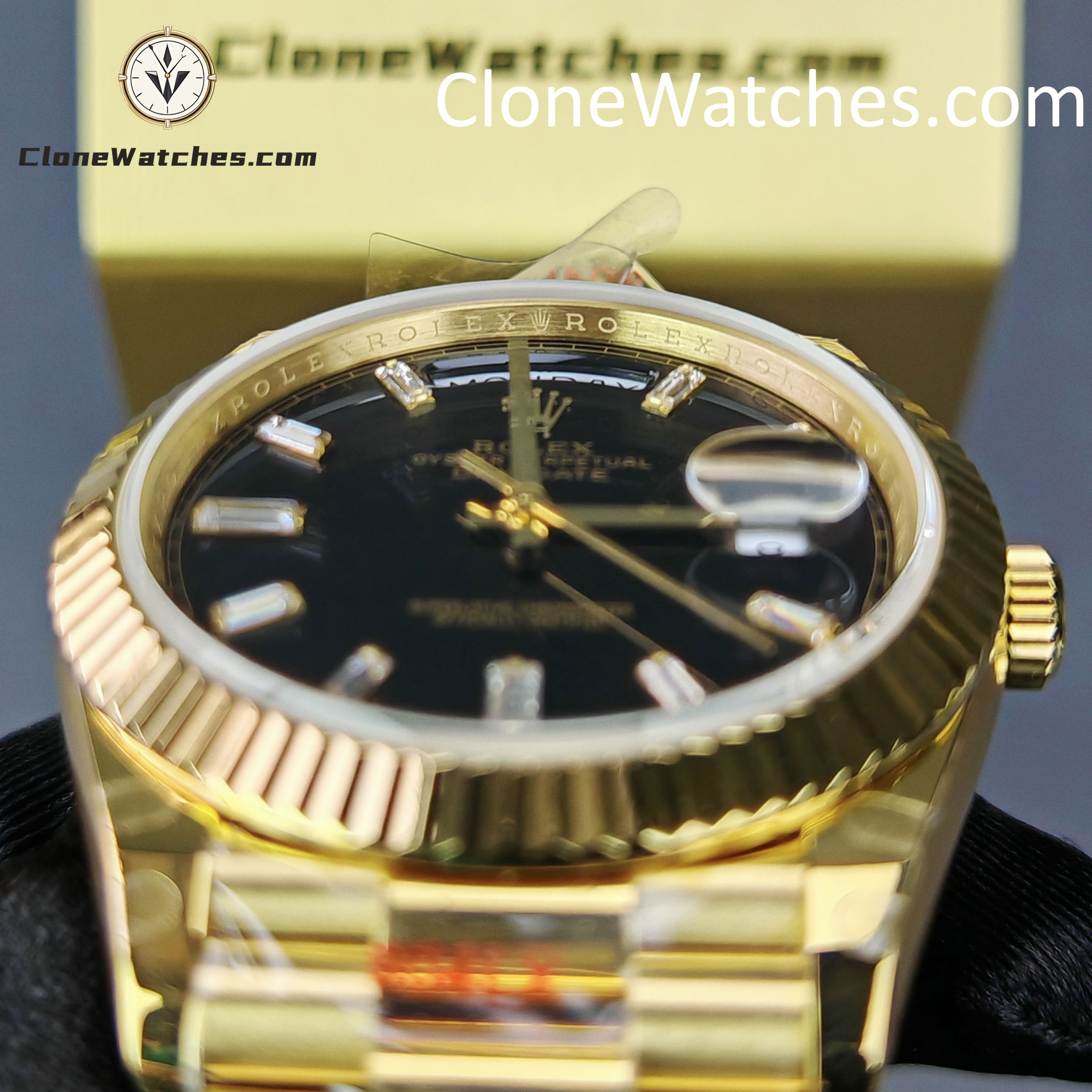 Rolex Super Clone Watches 1:1 Day Date 18K Gold Black Diamond Dial 40mm m228238-0059 3255 Movement
