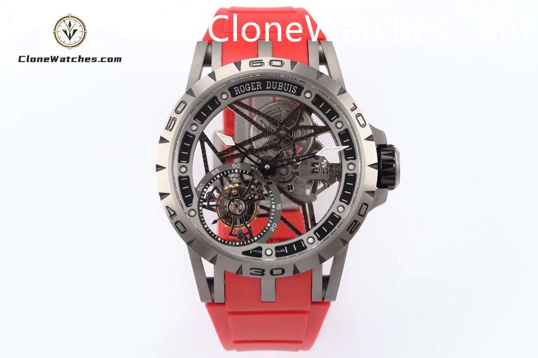 Roger Dubuis Super Clone Watches 1:1 Excalibur Skeleton Tourbillon RDDBEX0479 45MM Red Strap