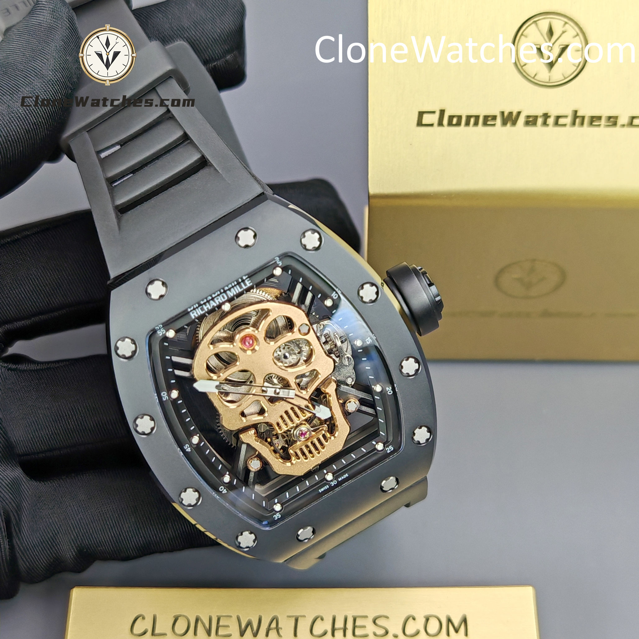 Richard Mille Super Clone Watches 1:1 RM 052 Tourbillon Skull Rose Gold Black Strap