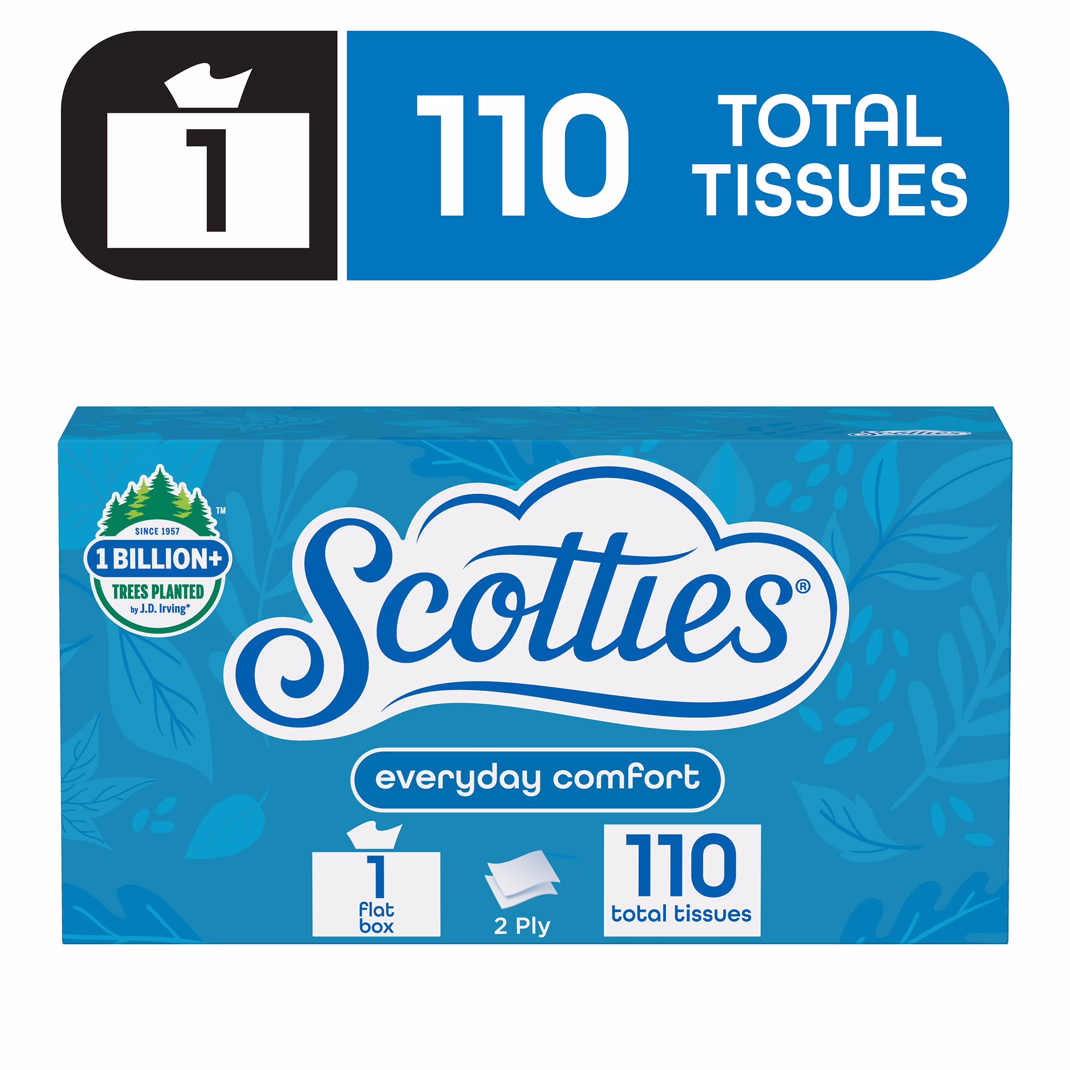 (2 pack) Scotties Everyday Comfort Facial Tissues, 1 Flat Box, 110 Facial Tissues per Box, 2-Ply