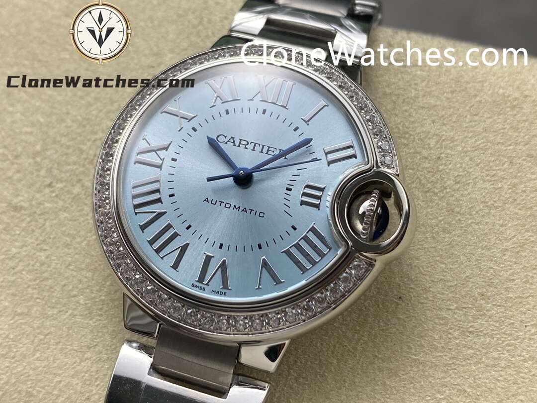 Cartier Super Clone Watches 1:1 Ballon Bleu de W4BB0028 Blue Dial Diamond Bezel 33mm