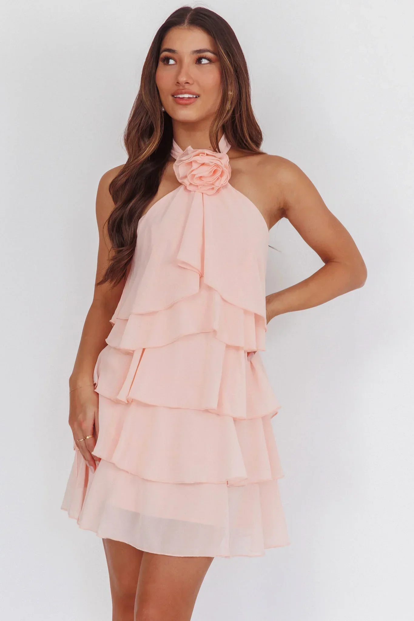 Southern Belles Halterneck Ruffle Mini Dress Pink
