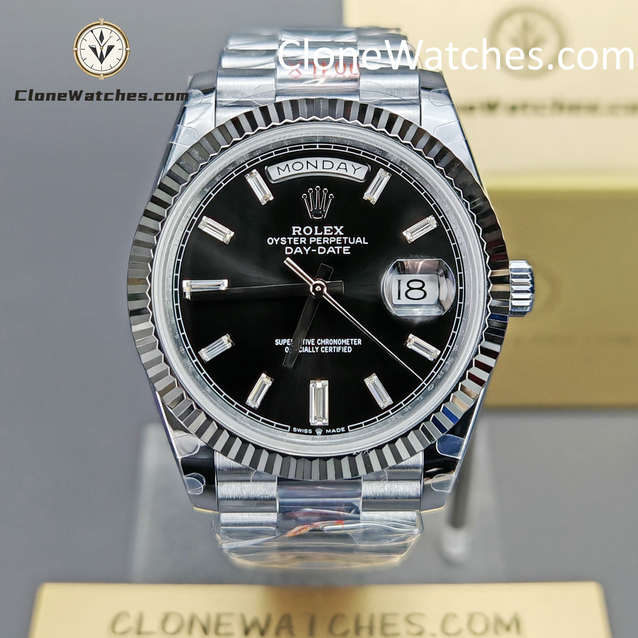 Rolex Super Clone Watches 1:1 Day Date Black Diamond Dial 40mm m228236-0004 3255 Movement