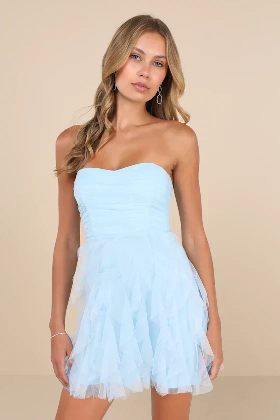 Delightful Beauty Light Blue Mesh Strapless Ruffled Mini Dress