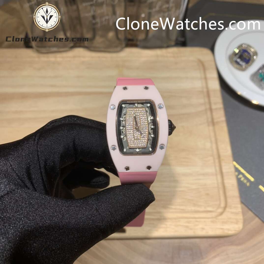 Richard Mille Super Clone Watches 1:1 RM 07 – 01 Pink Ceramic Diamond Dial Pink Strap