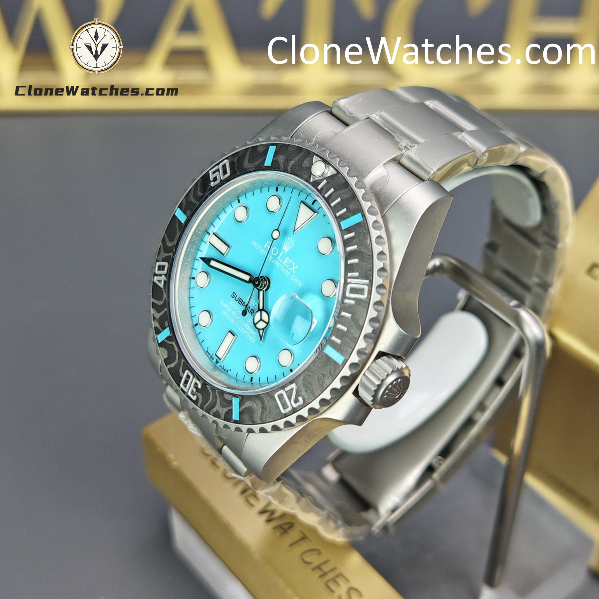 Rolex Super Clone Watches 1:1 DIW Aquamarine Tiffany Blue Dial Submariner Carbon Bezel 3135 Movement