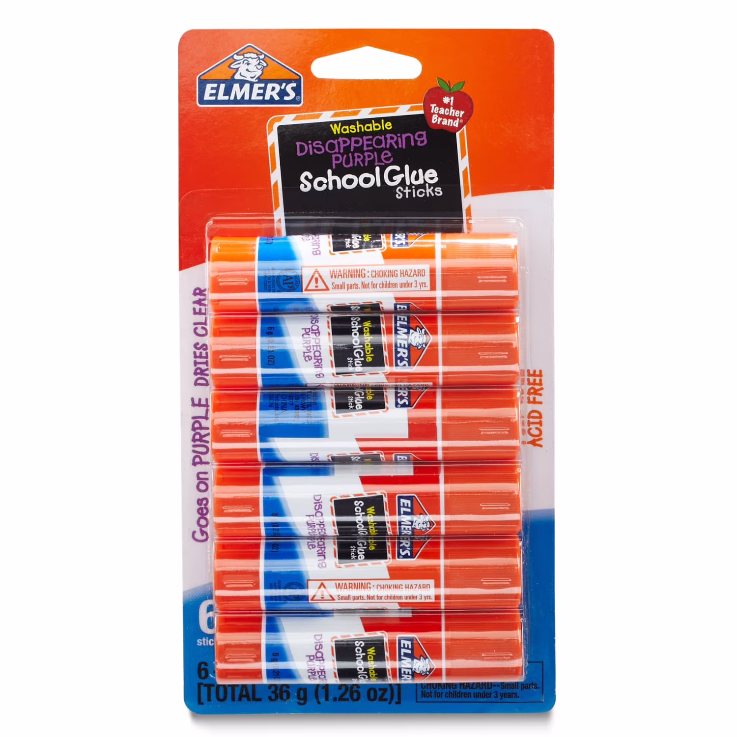 Elmer's Disappearing Purple School Glue Sticks, Washable, 0.21 Ounce Glue Sticks, 6 Count