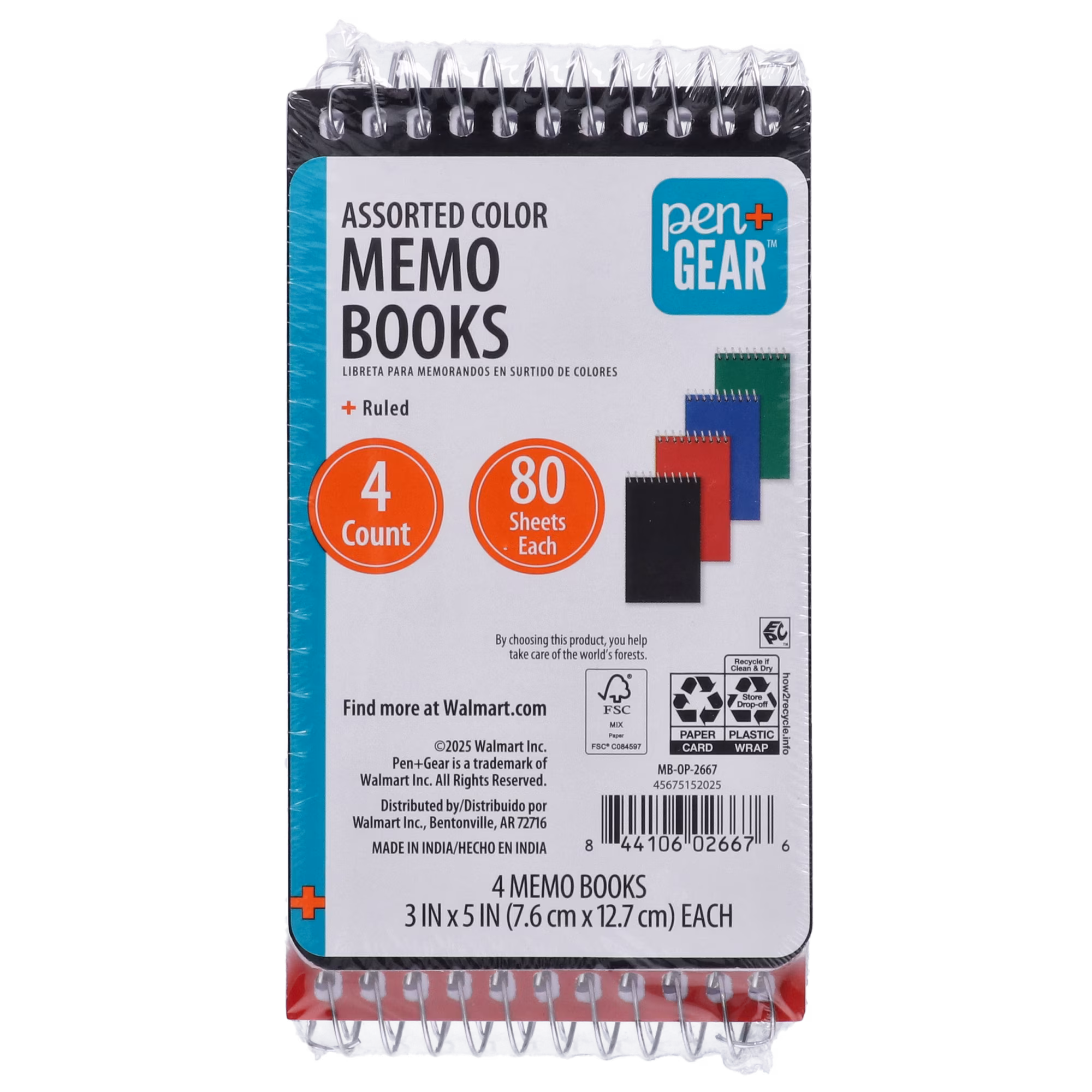 Pen + Gear Spiral Bound Ruled Paper Memo Book, 3 in x 5 in, 4 Pack, 80 Sheets Each, 0 Holes