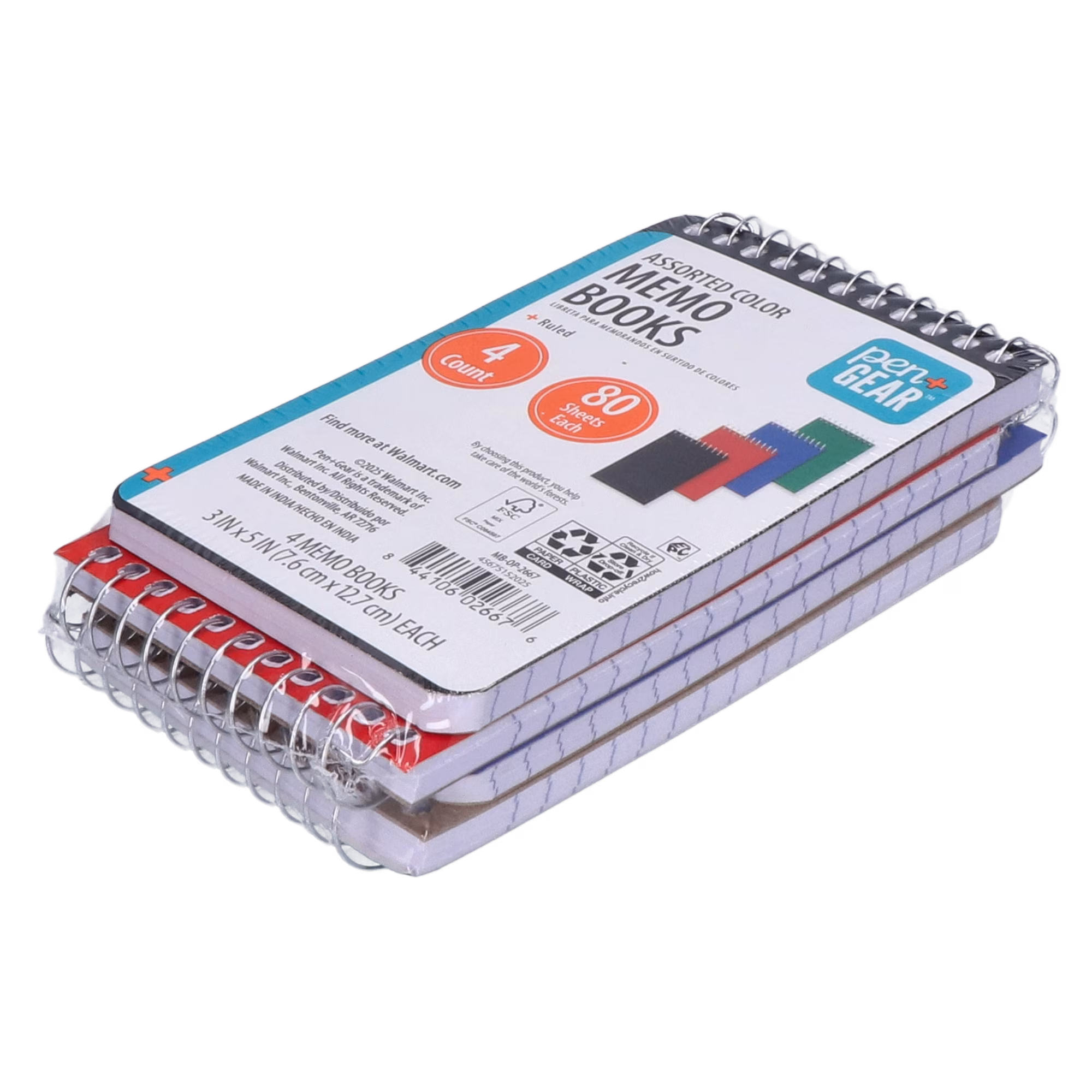 Pen + Gear Spiral Bound Ruled Paper Memo Book, 3 in x 5 in, 4 Pack, 80 Sheets Each, 0 Holes