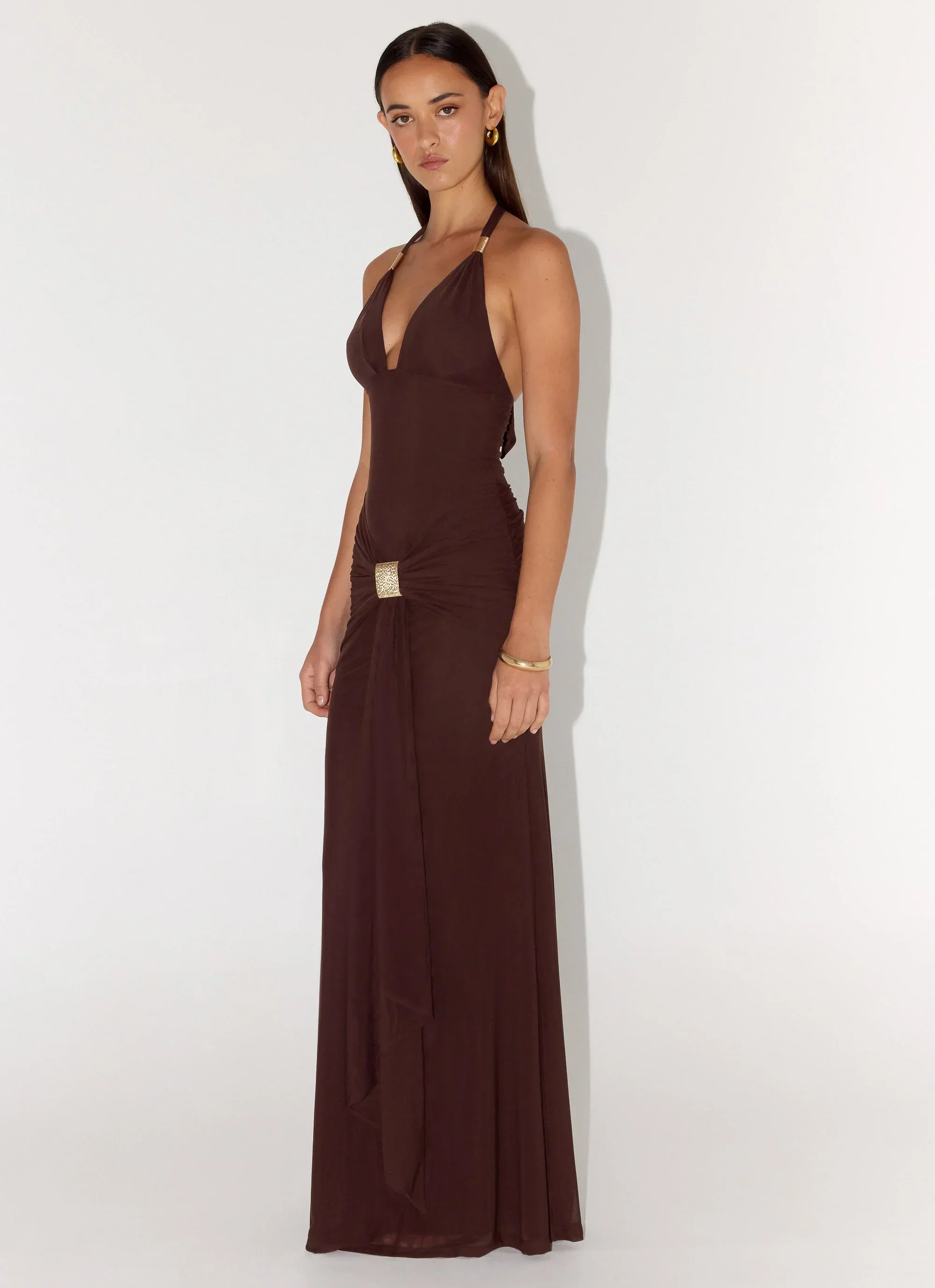 Miyah Halter Hardware Maxi Dress - Chocolate