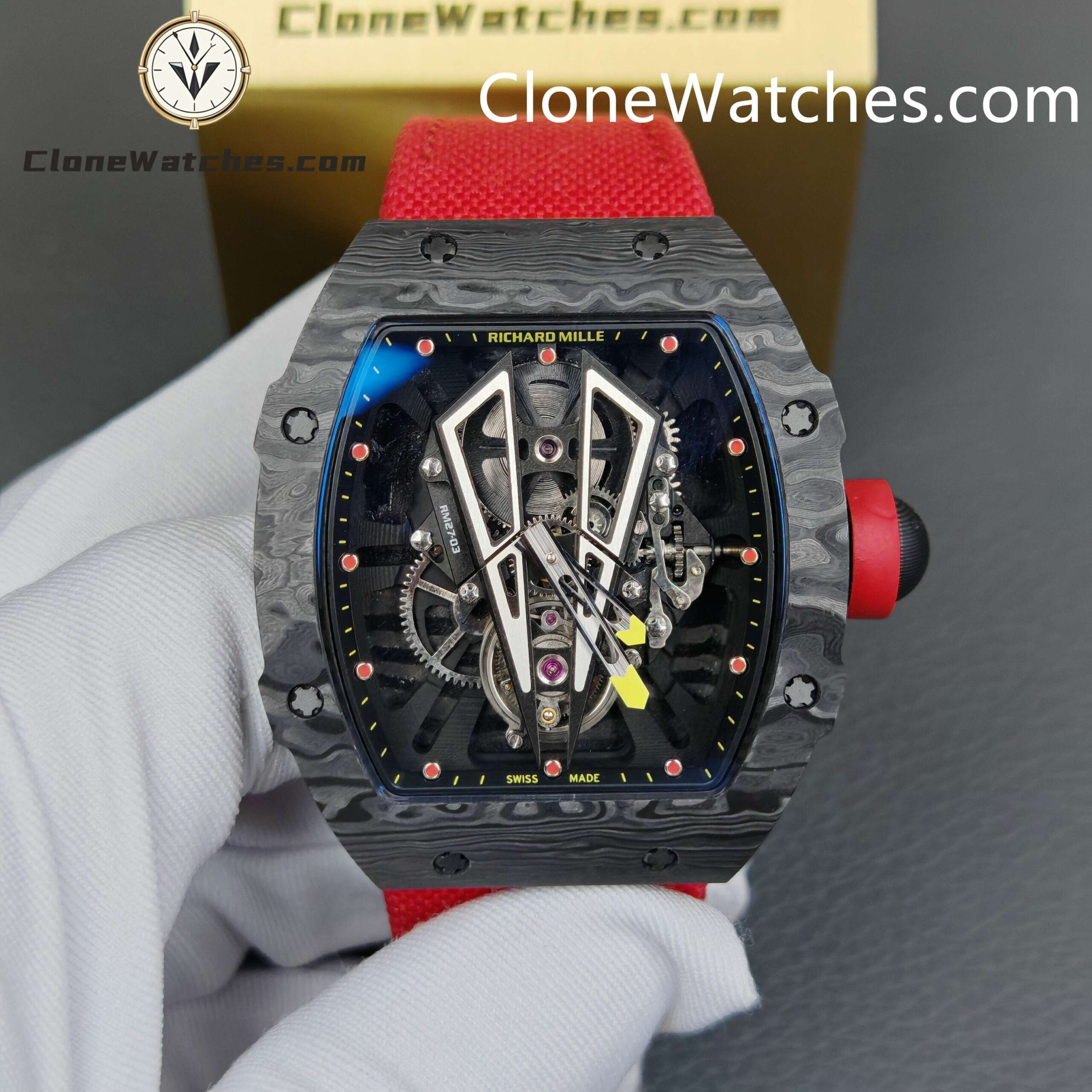 Richard Mille Super Clone Watches 1:1 RM 027 – 03 Carbon Tourbillon Red Strap