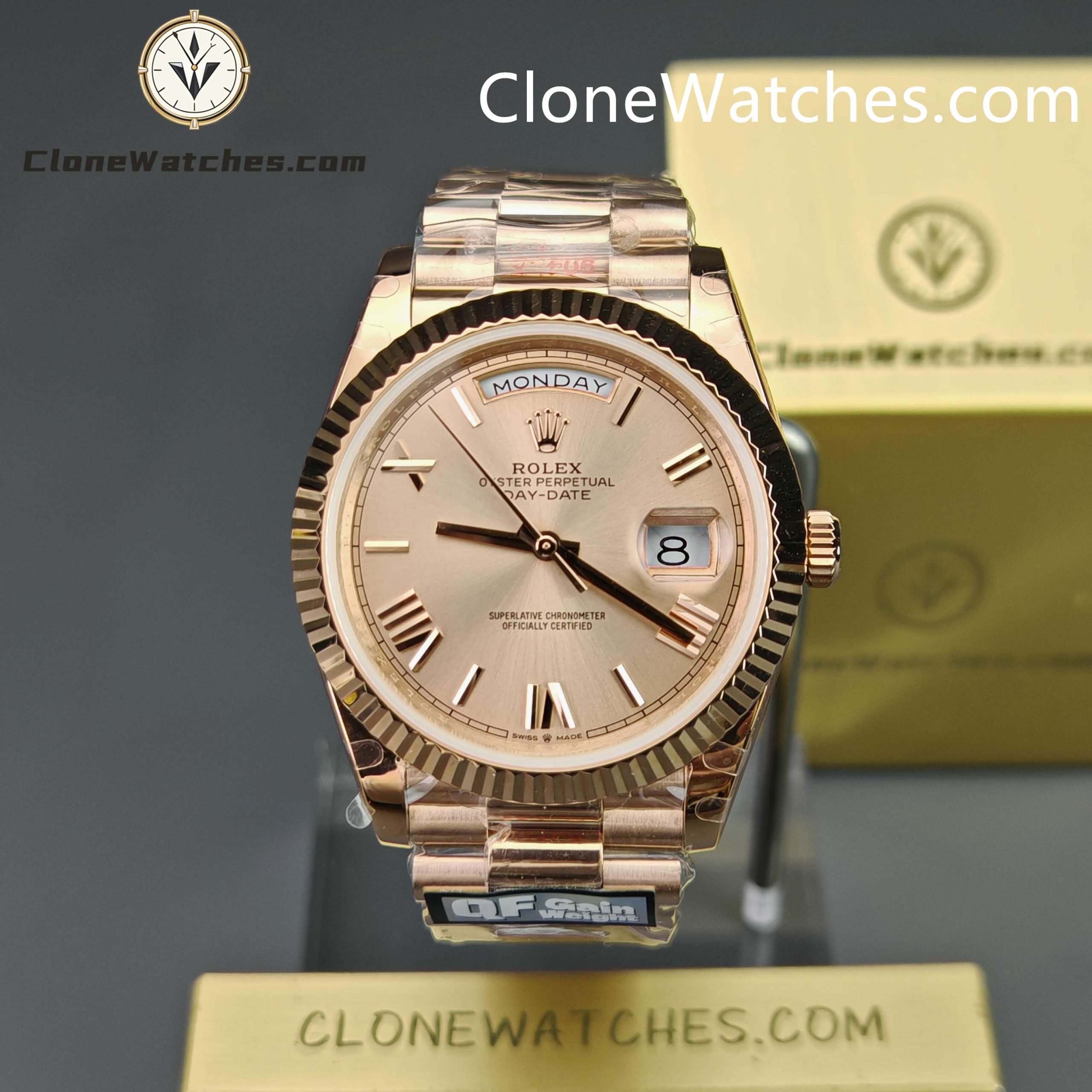 Rolex Super Clone Watches 1:1 Day Date 18K Rose Gold Sundust Roman Dial 40mm m228235 3255 Movement