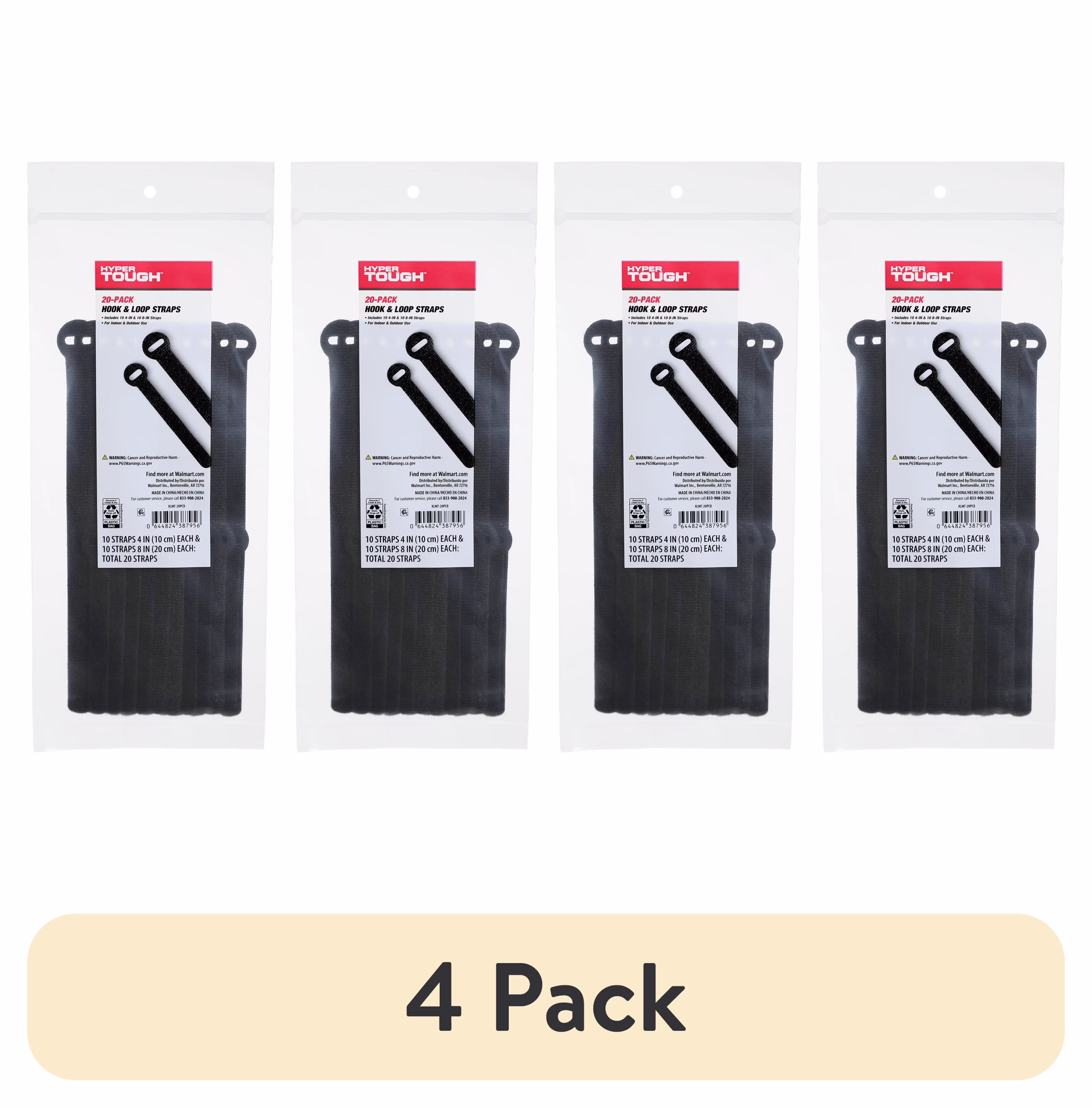 Hyper Tough 4IN and 8IN Hook & Loop Straps, Black, 20 Count