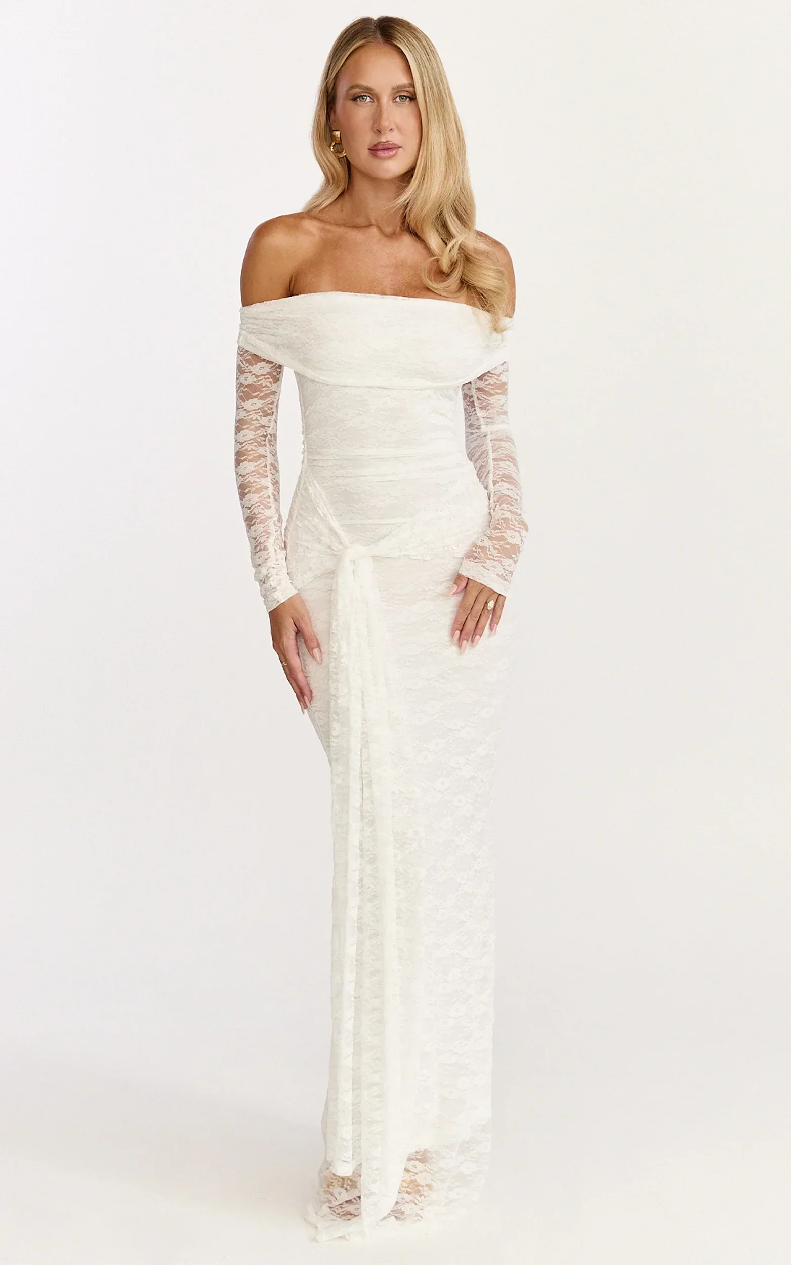 Melville Maxi Dress - Off Shoulder Long Sleeve Lace Dress in White
