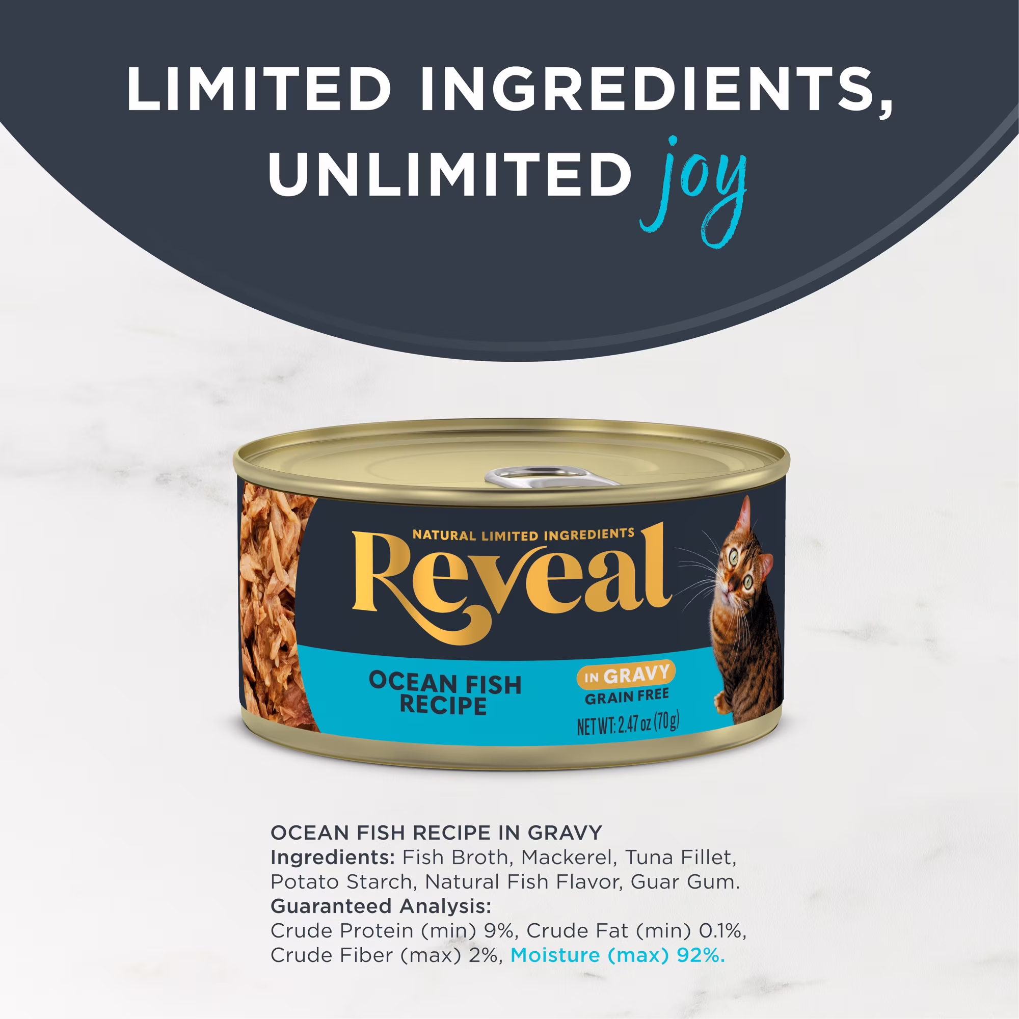 (4 pack) Reveal Pet Food Natural Wet Cat Food Ocean Fish in Gravy 2.47 oz Can