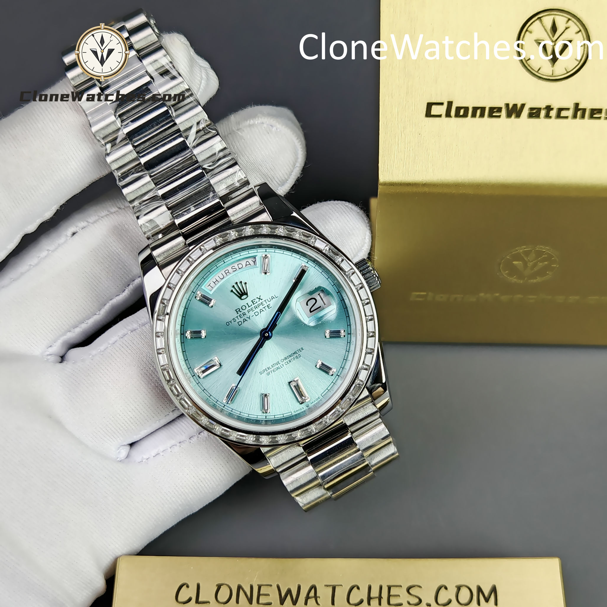 Rolex Super Clone Watches 1:1 Day Date Ice Blue Diamond Bezel Dial 40mm 228396TBR 3255 Movement