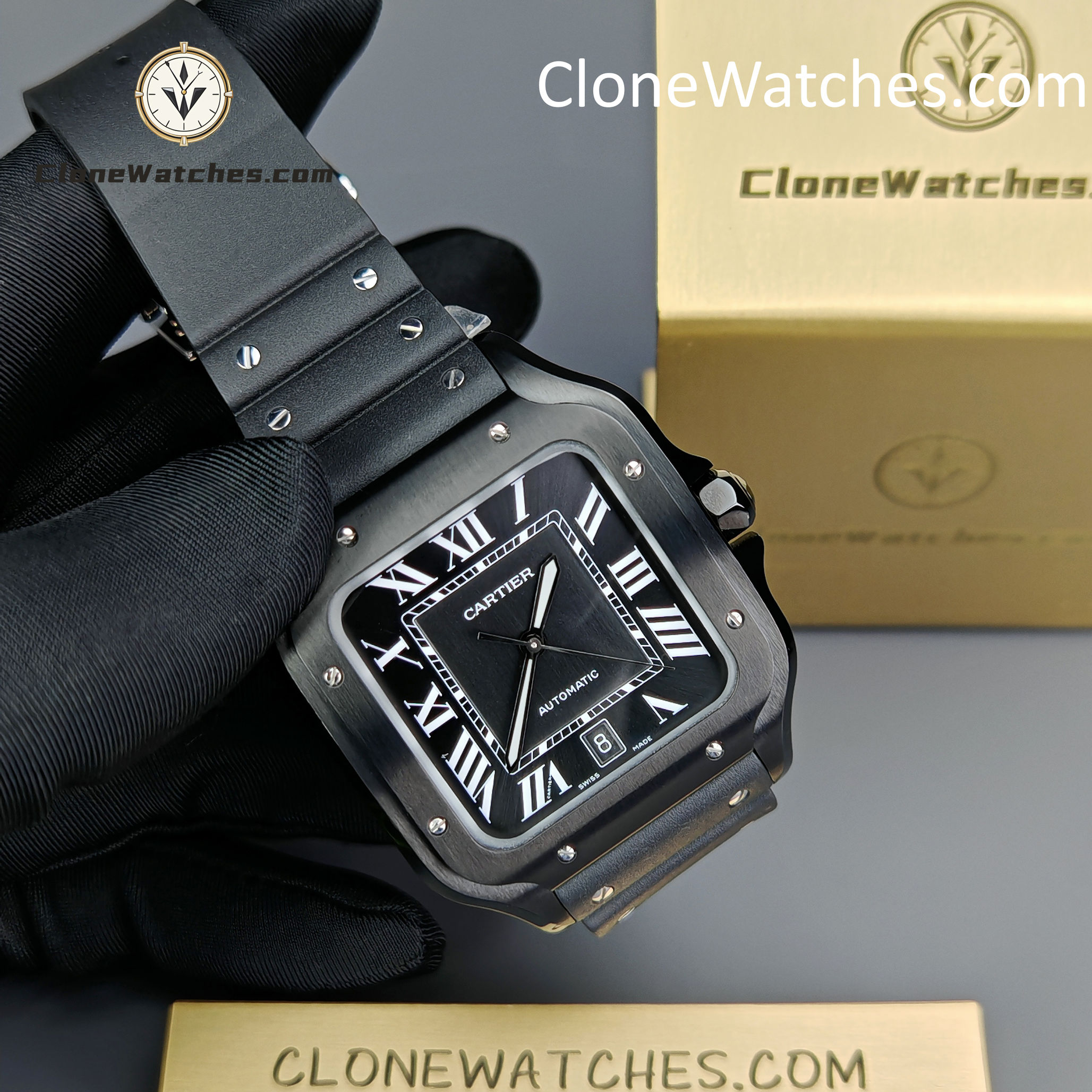 Cartier Super Clone Watches 1:1 Santos Series Black Dial 39.8MM WSSA0039 Rubber Strap
