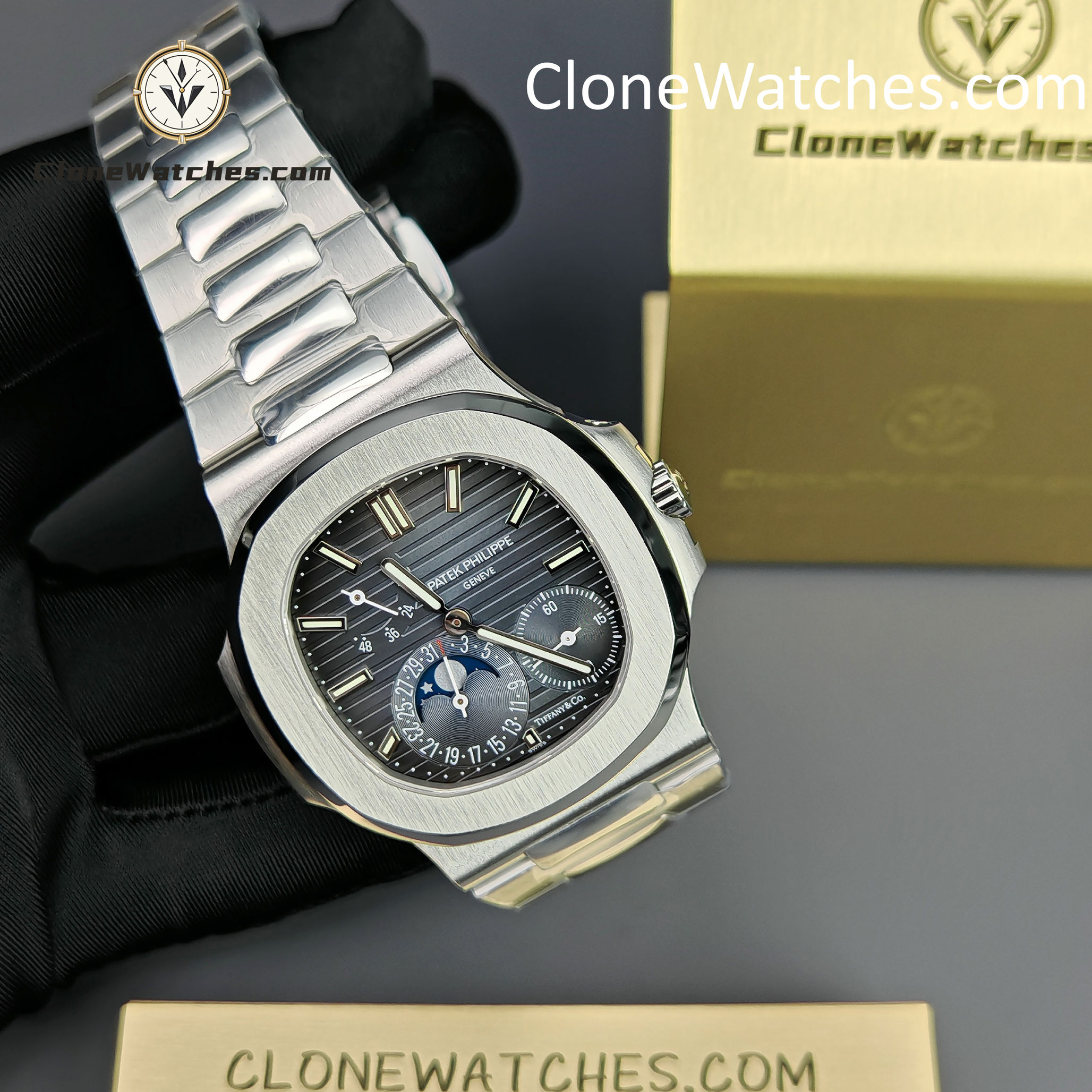 Patek Philippe Super Clone Watches 1:1 Nautilus Moon Phase 5712 Tiffany & Co Blue Dial New Clasp