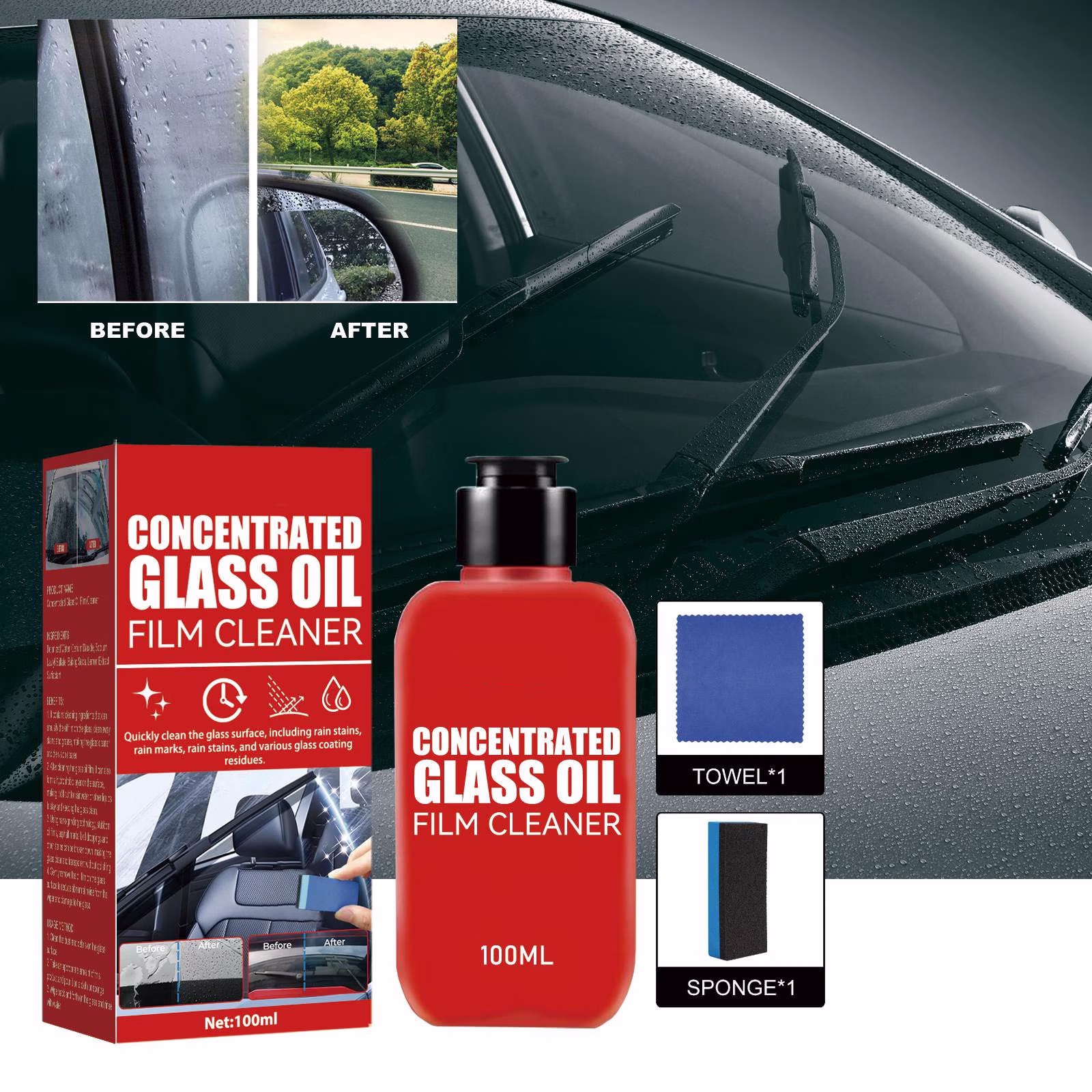 Jpxdew Concentrated Glass Oil Film Cleaner 100ml,Windshield Water Spot Remover Non Damaging,Wiper Noise Solution 4.9×2.1×1.1in