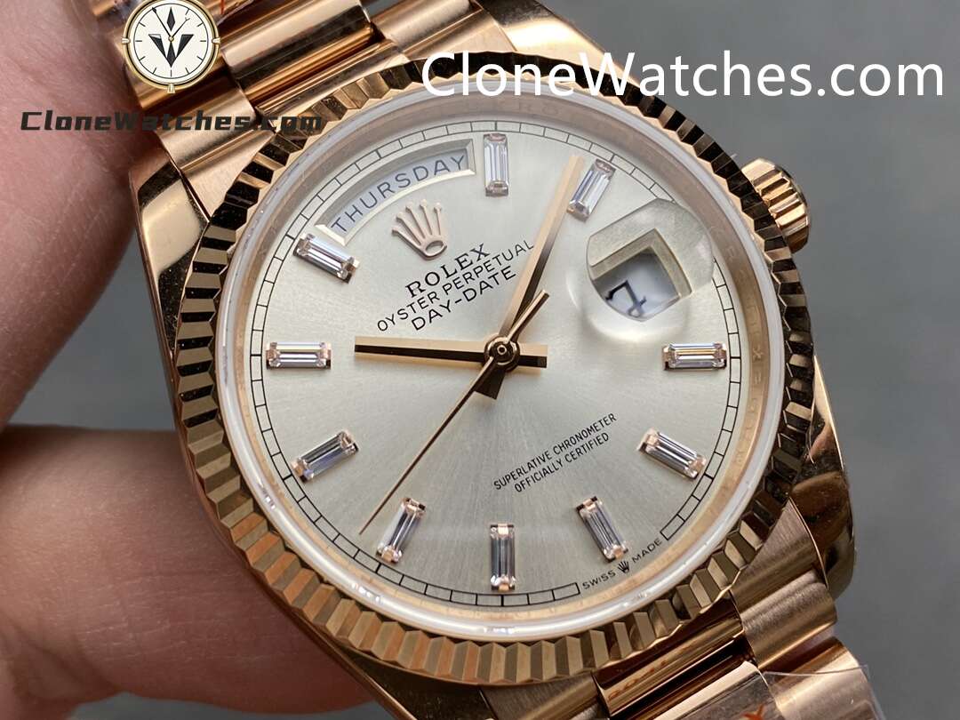 Rolex Super Clone Watches 1:1 Day Date Rose Gold Silver Dial 36mm m128235-0087 3255 Movement