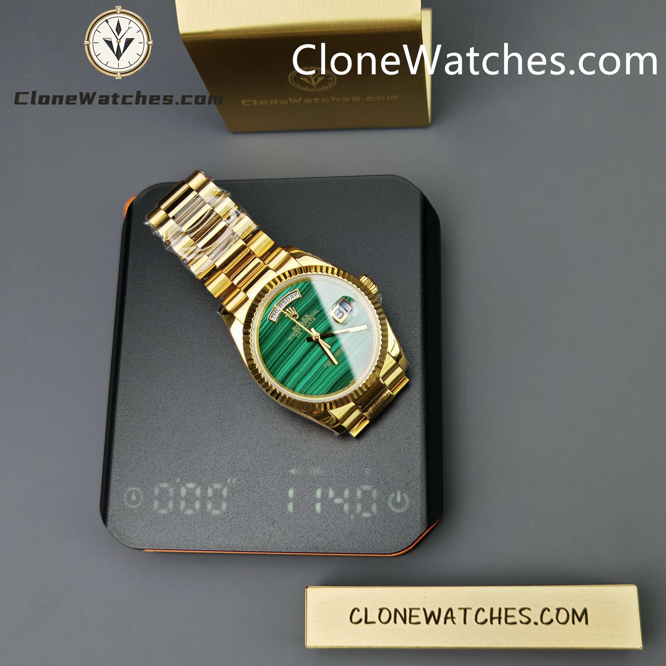 Rolex Super Clone Watches 1:1 Day Date Gold Malachite Dial 36mm 128238