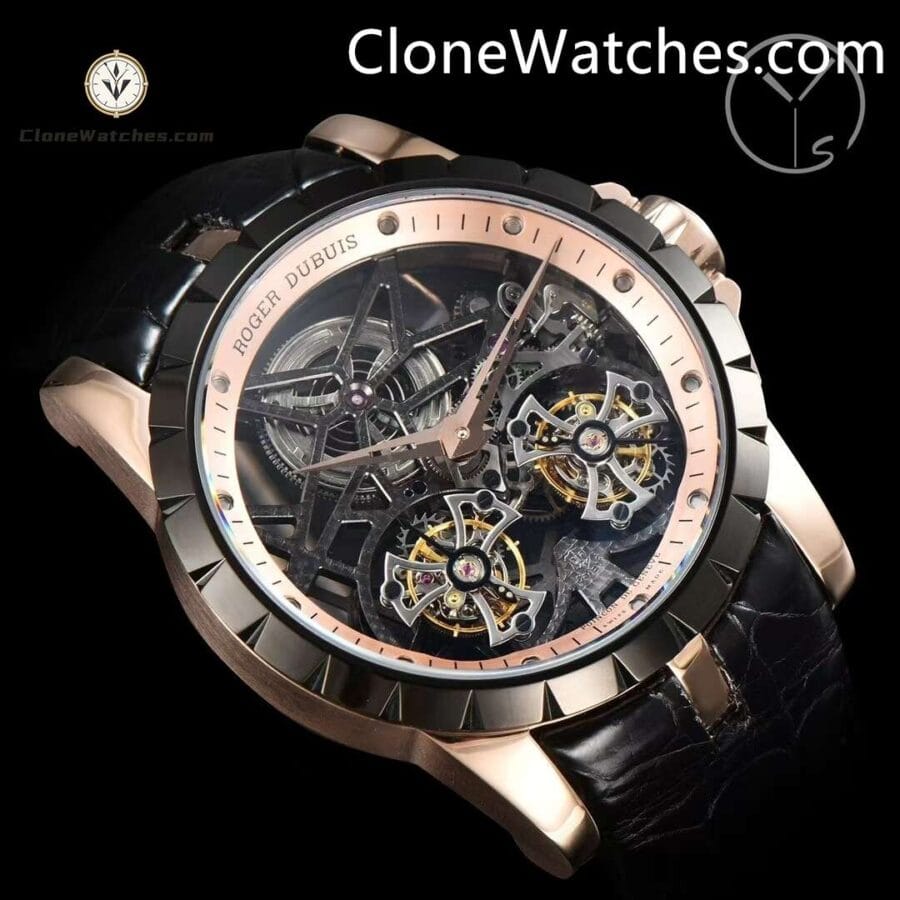 Roger Dubuis Super Clone Watches 1:1 Excalibur Rose Gold Skeleton Double Flying Tourbillon RDDBEX0397 45MM