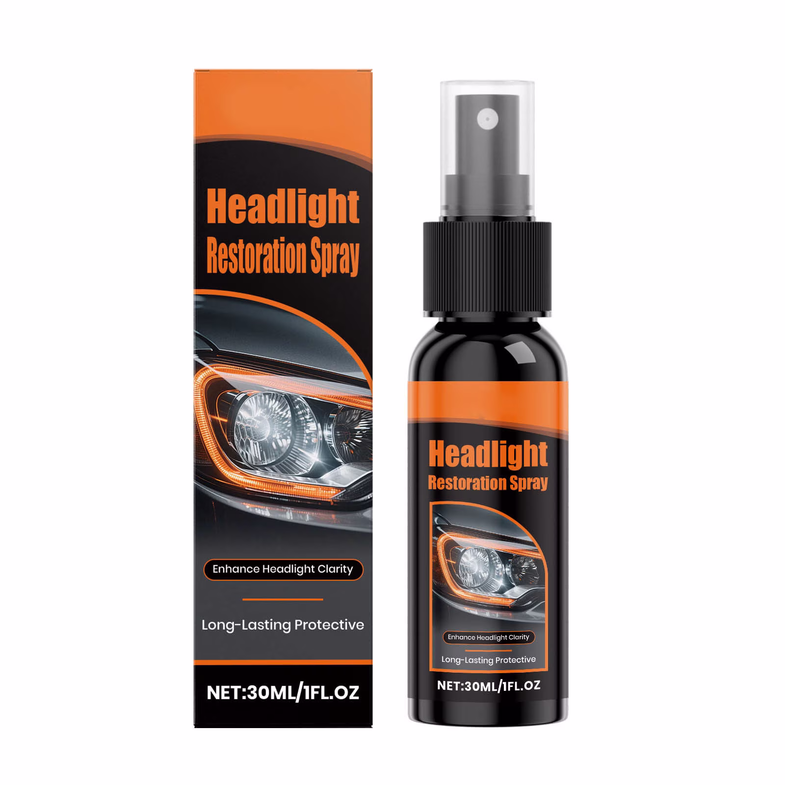 Car Headlight Restoration Spray 30ml Lens Cleaner Oxidation Remover Yellowing ha*ze Repair Fluid Headlamp Brightness Enhancer UV Protection Coating Auto Lighting Maintenance Visibility Safety Kit