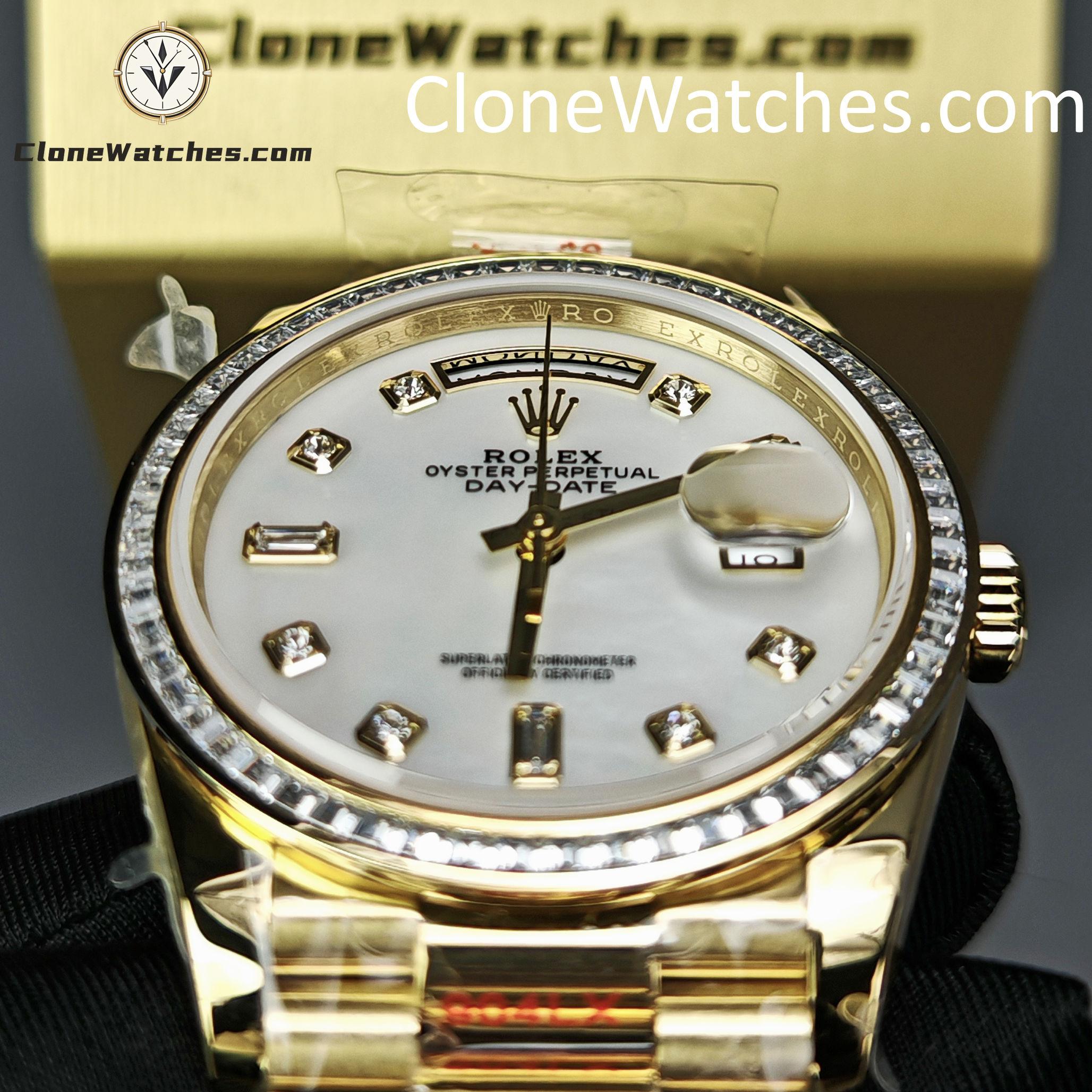 Rolex Super Clone Watches 1:1 Day Date Mother of Pearl Diamond Dial m128398tbr-0004 3255 Movement 36 mm