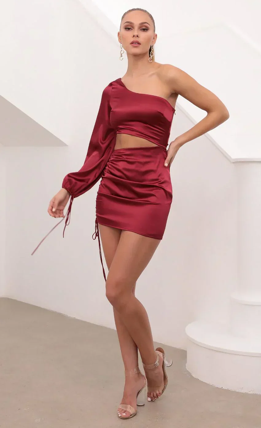 Asymmetric Mini Dress in Wine