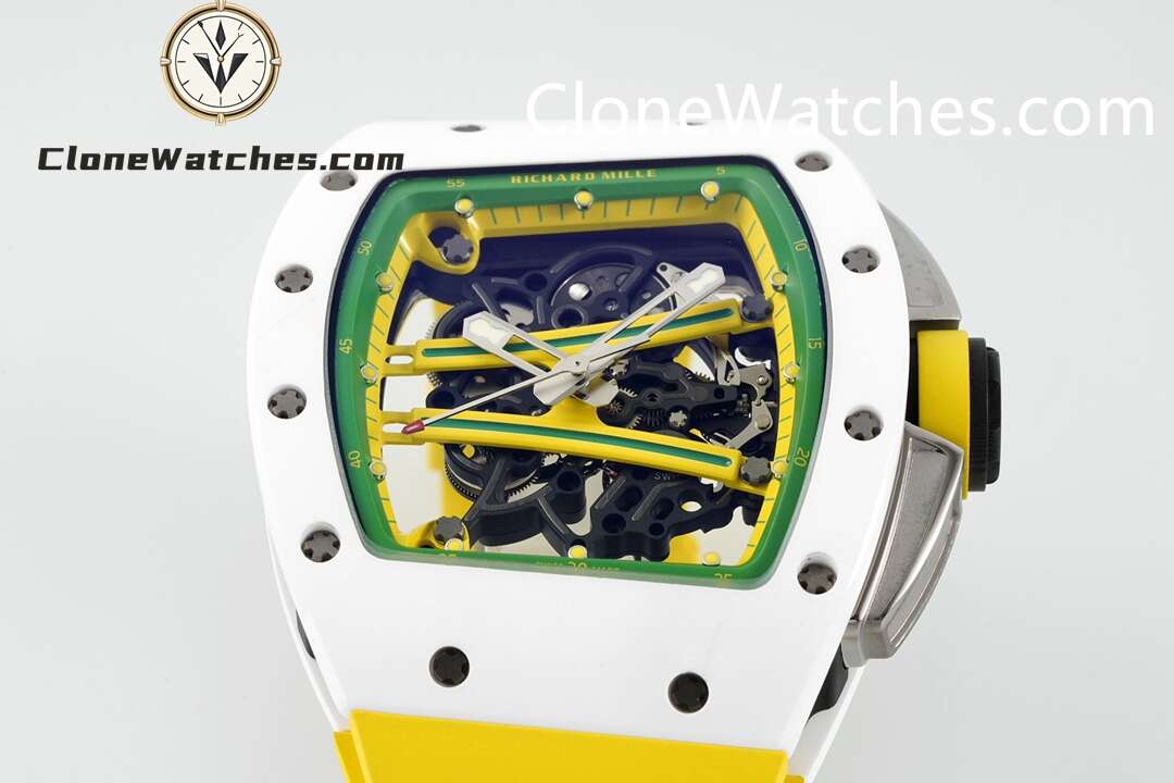 Richard Mille Super Clone Watches 1:1 RM 61-01 White Tourbillon Yellow Strap