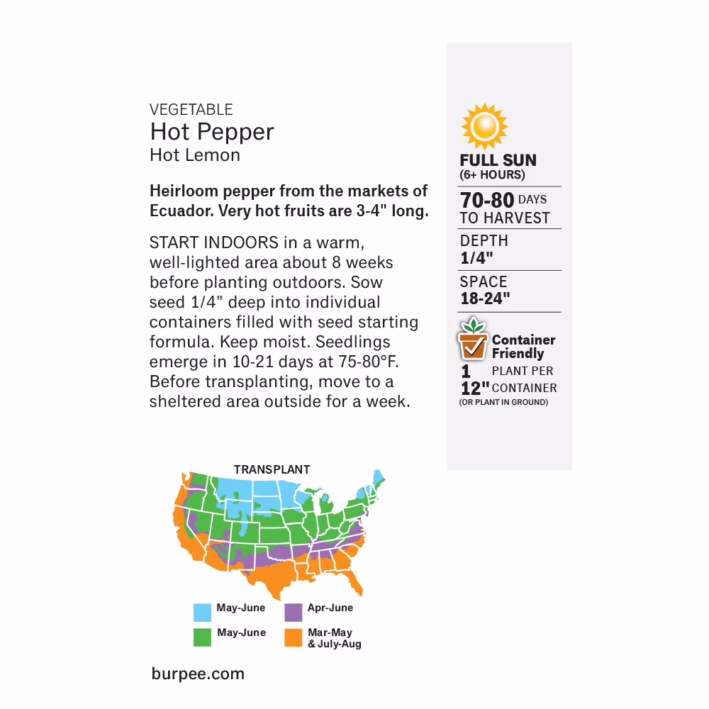 Burpee Hot Lemon Hot Pepper Annual Vegetable Seed, 1-Pack, Full Sun