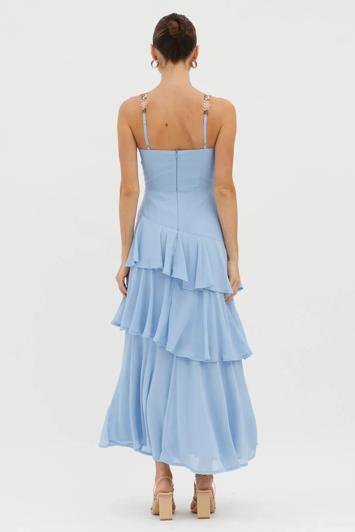 Rose Garden Tiered Ruffle Floral Trim Dress Blue
