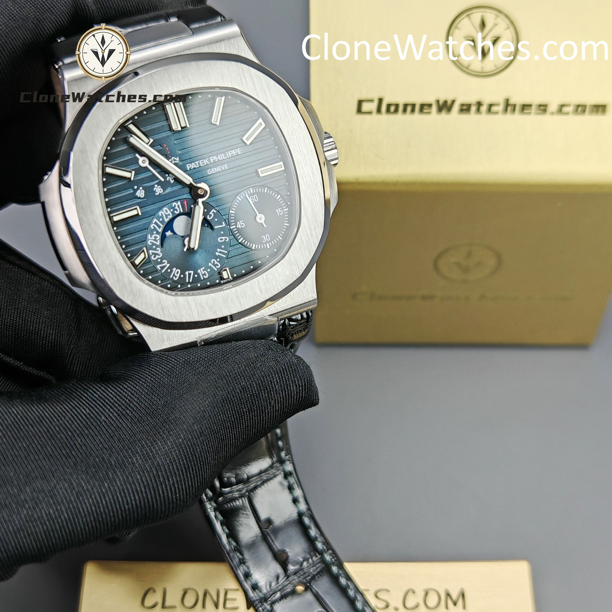 Patek Philippe Super Clone Watches 1:1 Nautilus 5712 Blue Dial Black Leather Strap