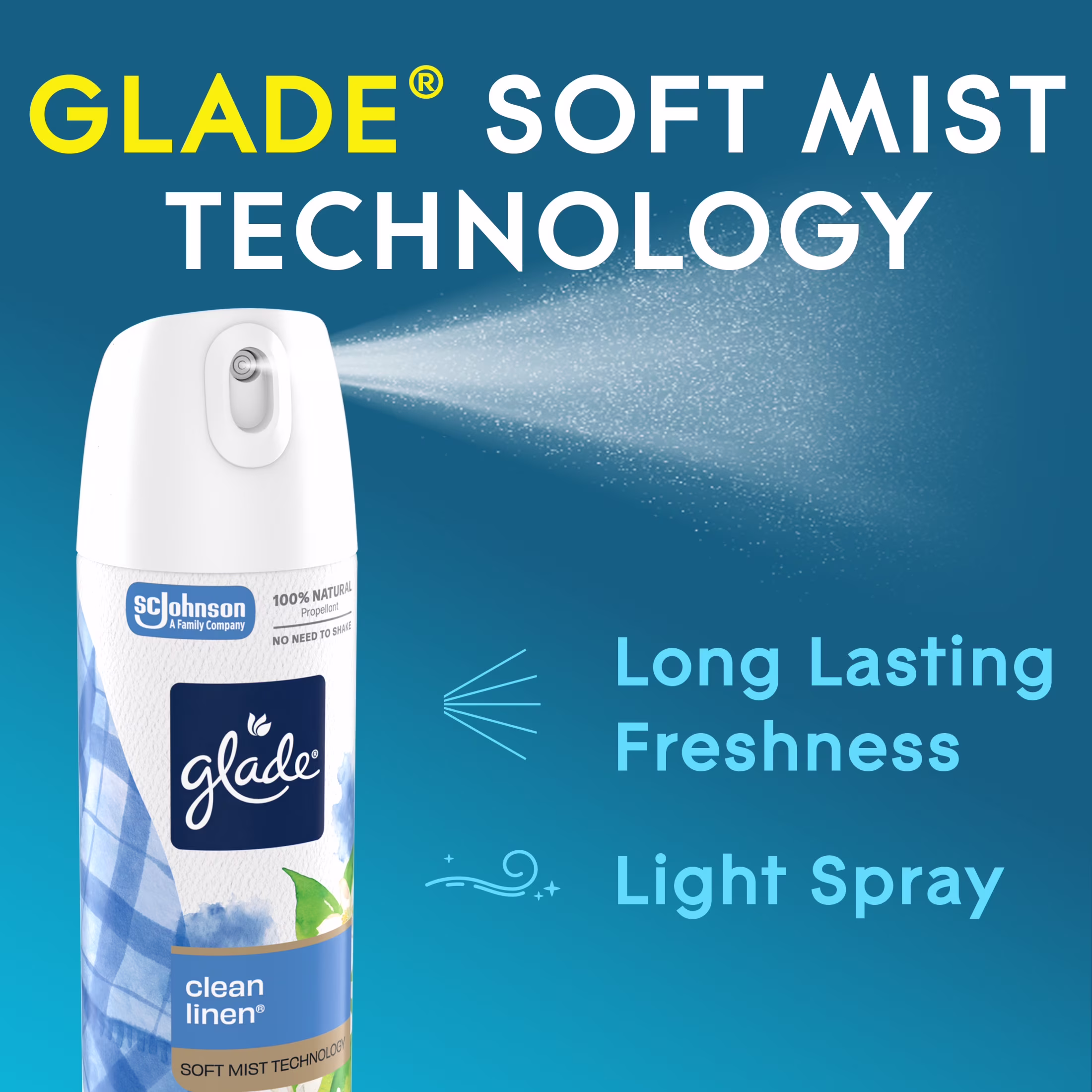 Glade® Soft Mist Odor Fighting Aerosol Air Freshener, Clean Linen®, 7.3oz, 1 Count