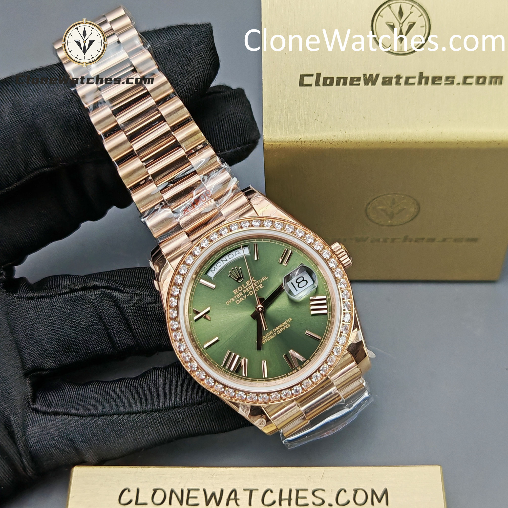 Rolex Super Clone Watches 1:1 Day Date Rose Gold Green Roman Dial 40mm m228345rbr-0011 3255 Movement