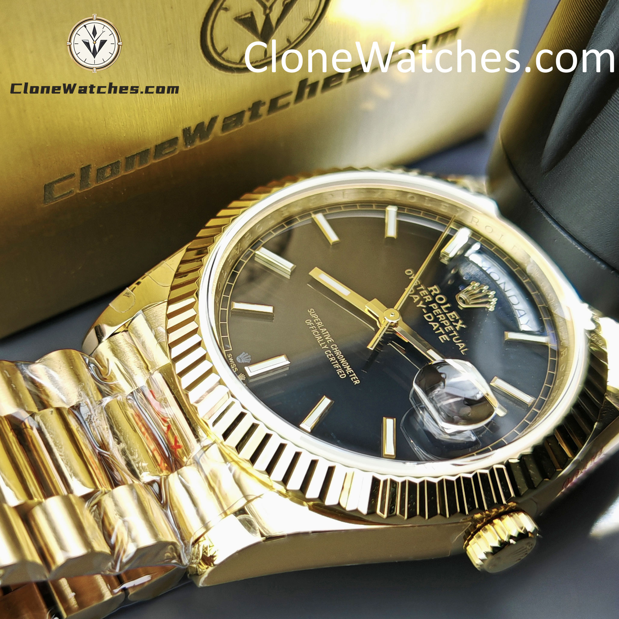 Rolex Super Clone Watches 1:1 Day Date 18K Gold Black Dial 40mm m228238-0067 3255 Movement