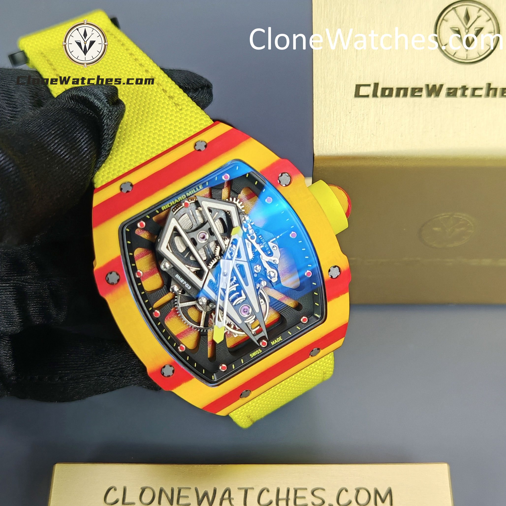 Richard Mille Super Clone Watches 1:1 RM 027 – 03 Tourbillon Rafael Nadal Yellow Strap