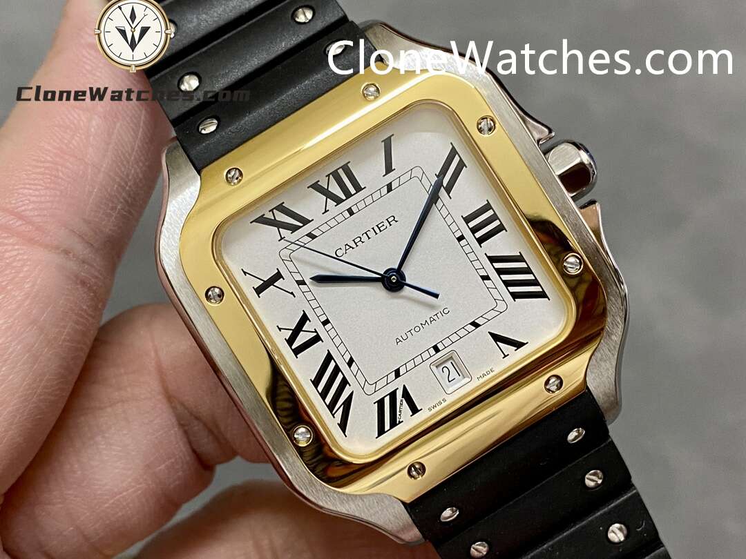 Cartier Super Clone Watches 1:1 Santos Series White Dial 18K gold plated 39.8MM W2SA0009 Rubber Strap