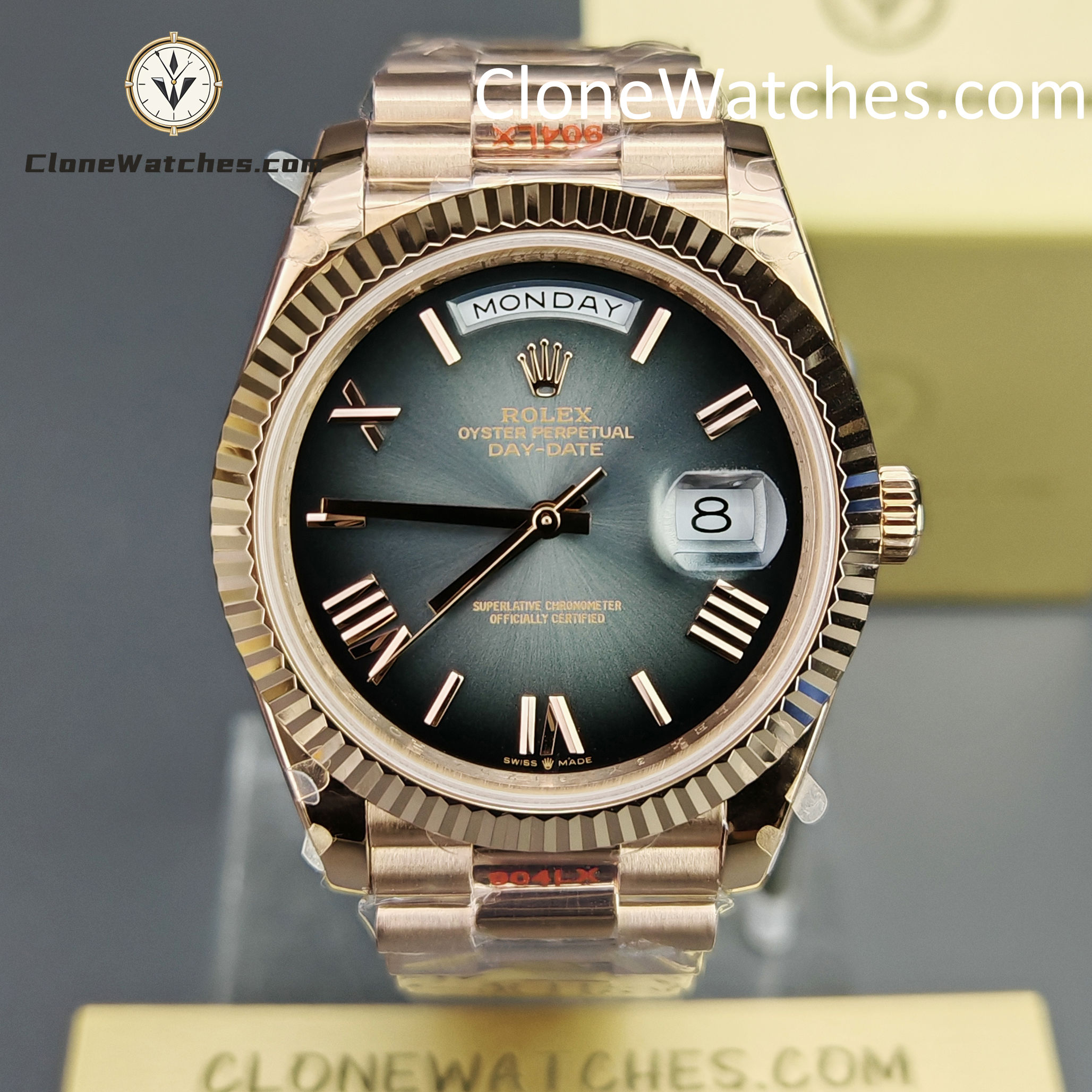 Rolex Super Clone Watches 1:1 Day Date 18K Rose Gold Grey Roman Dial 40mm m228235-0055 3255 Movement