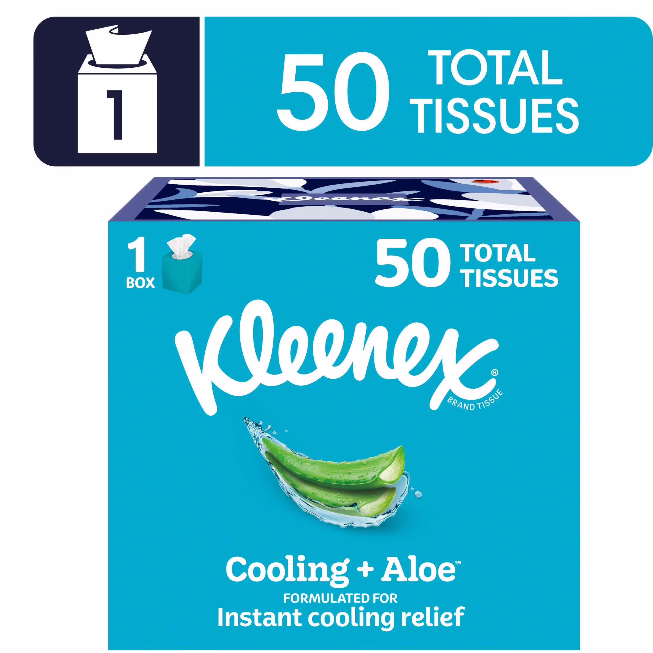 Kleenex Cooling + Aloe 2-Ply Cube Box Facial Tissues, 1 Pack (50 Total Tissues)