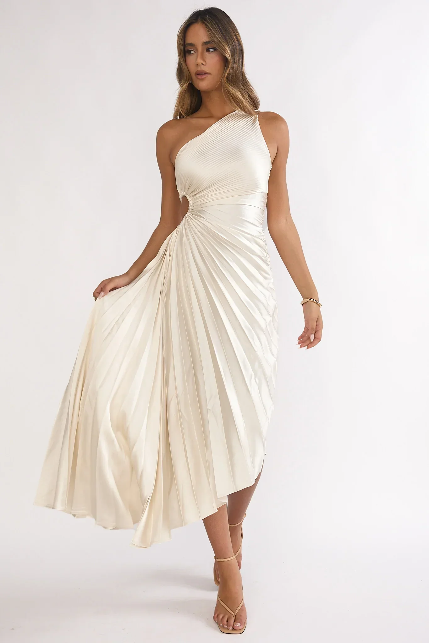 Brooklynn One-Shoulder Accordion Pleat Dress Champagne