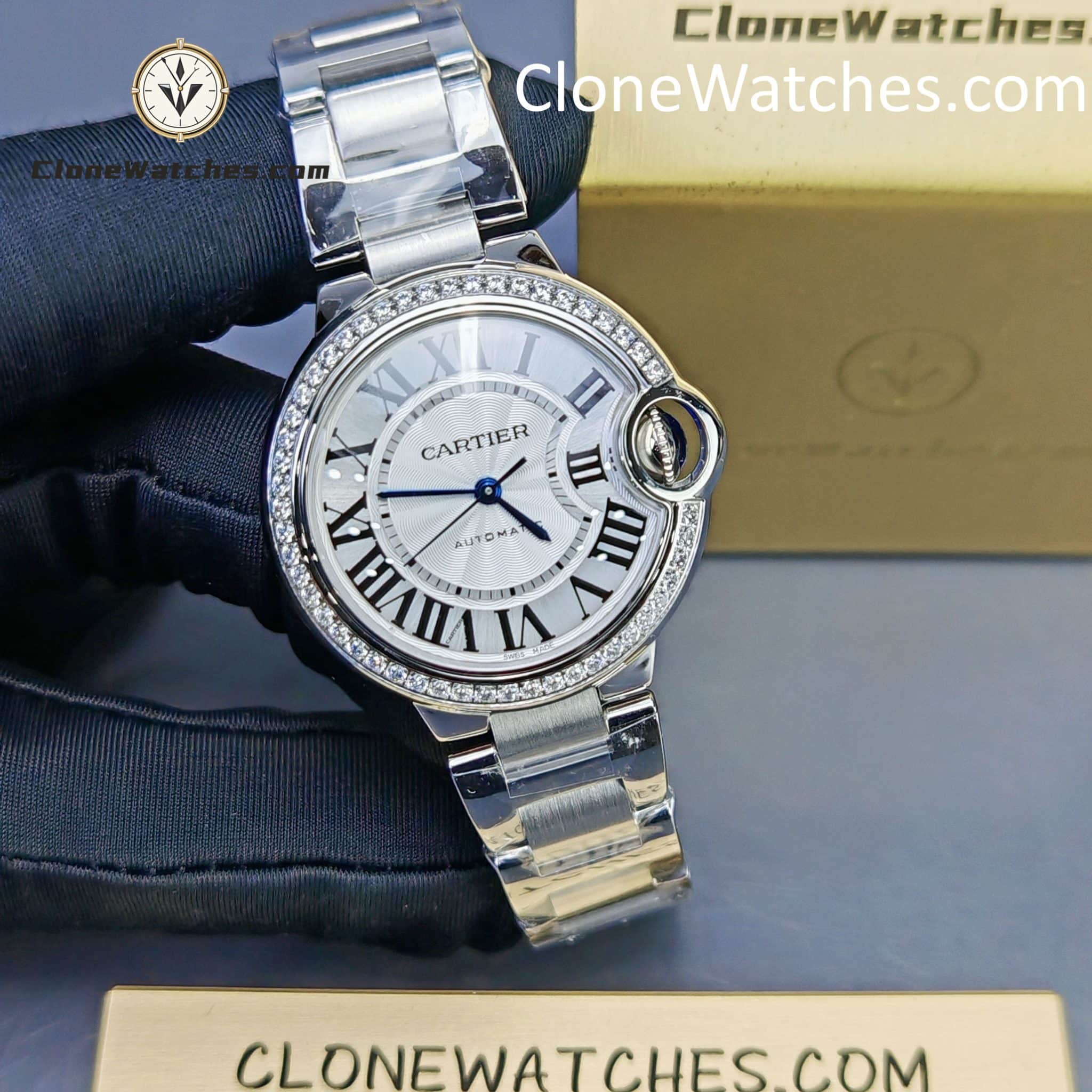 Cartier Super Clone Watches 1:1 Ballon Bleu de W4BB0024 Silver Dial Diamond Bezel 33mm