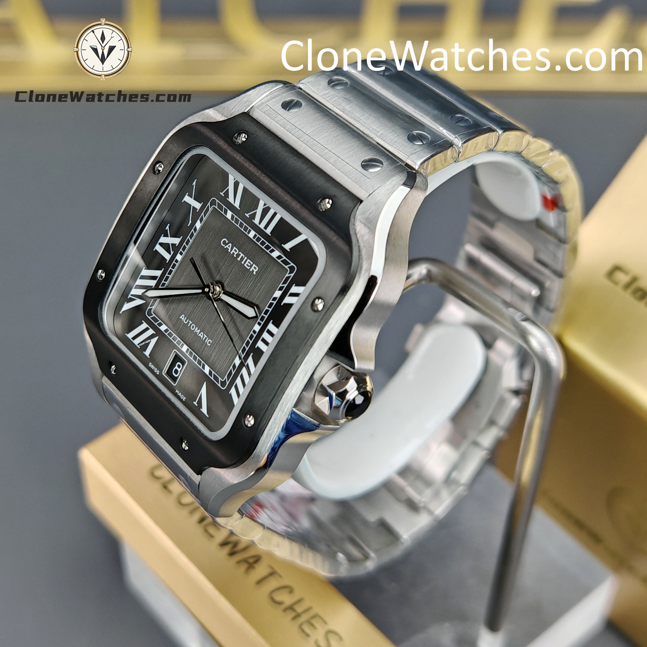 Cartier Super Clone Watches 1:1 Santos Series Gray Dial 39.8MM WSSA0037 Steel Strap